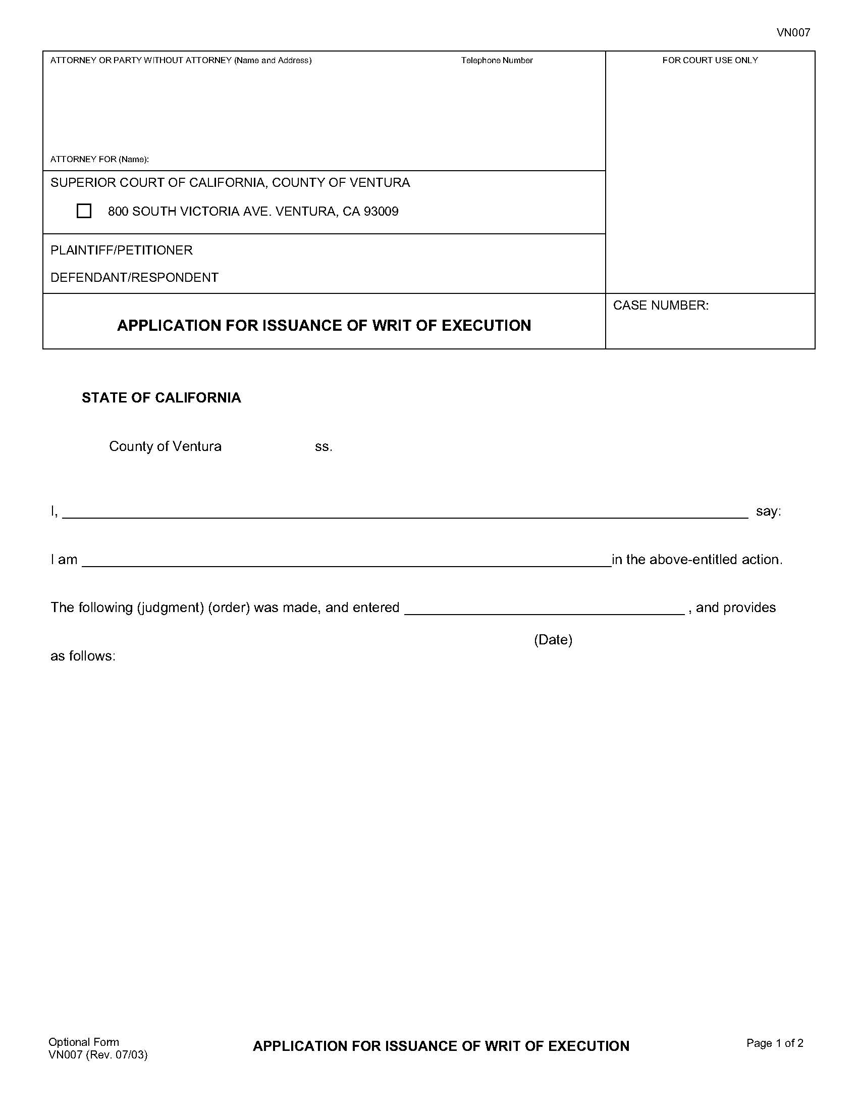 Application For Issuance Of Writ Of Execution {VN007} | Pdf Fpdf Doc Docx | California