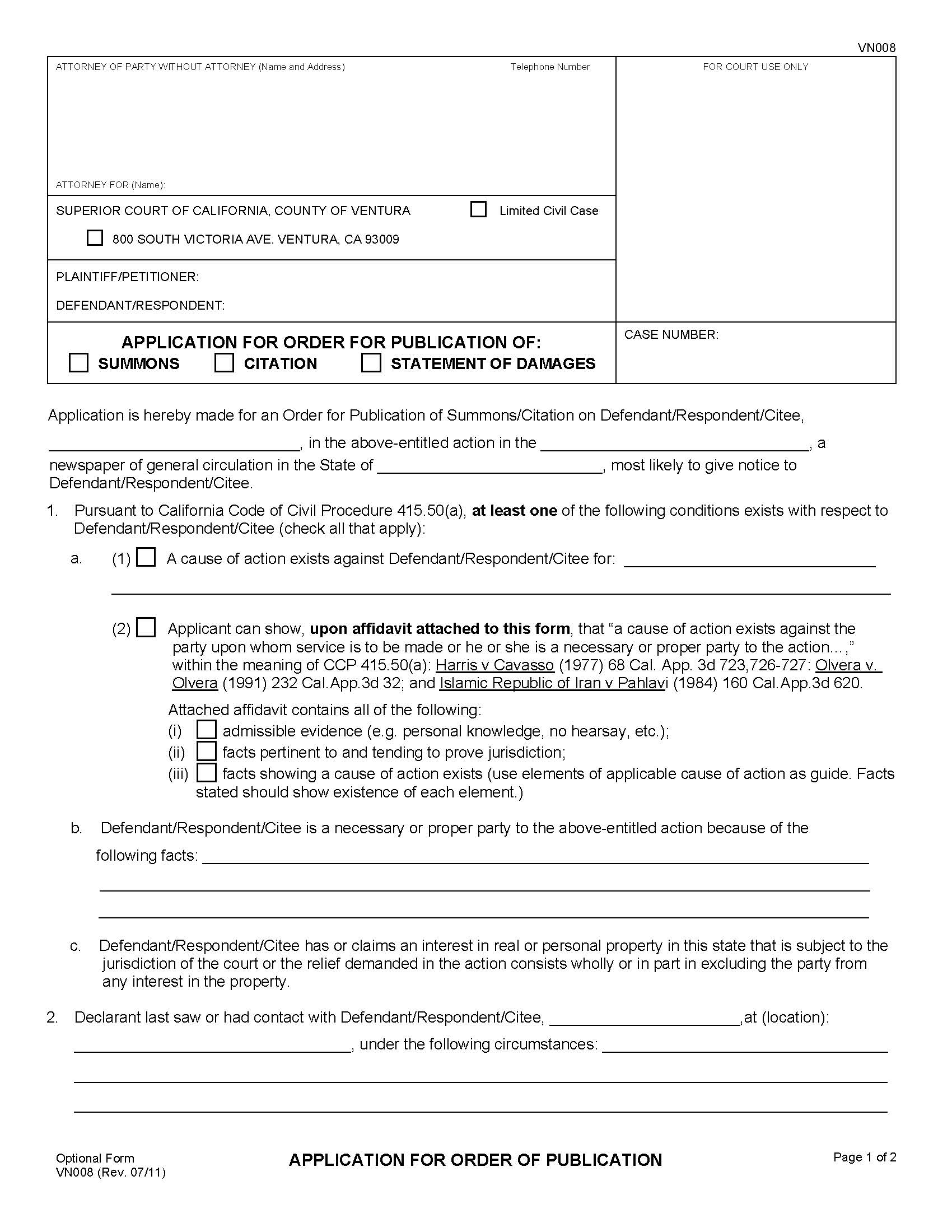 Application For Order For Publication Of Summons Citation {VN008} | Pdf Fpdf Doc Docx | California