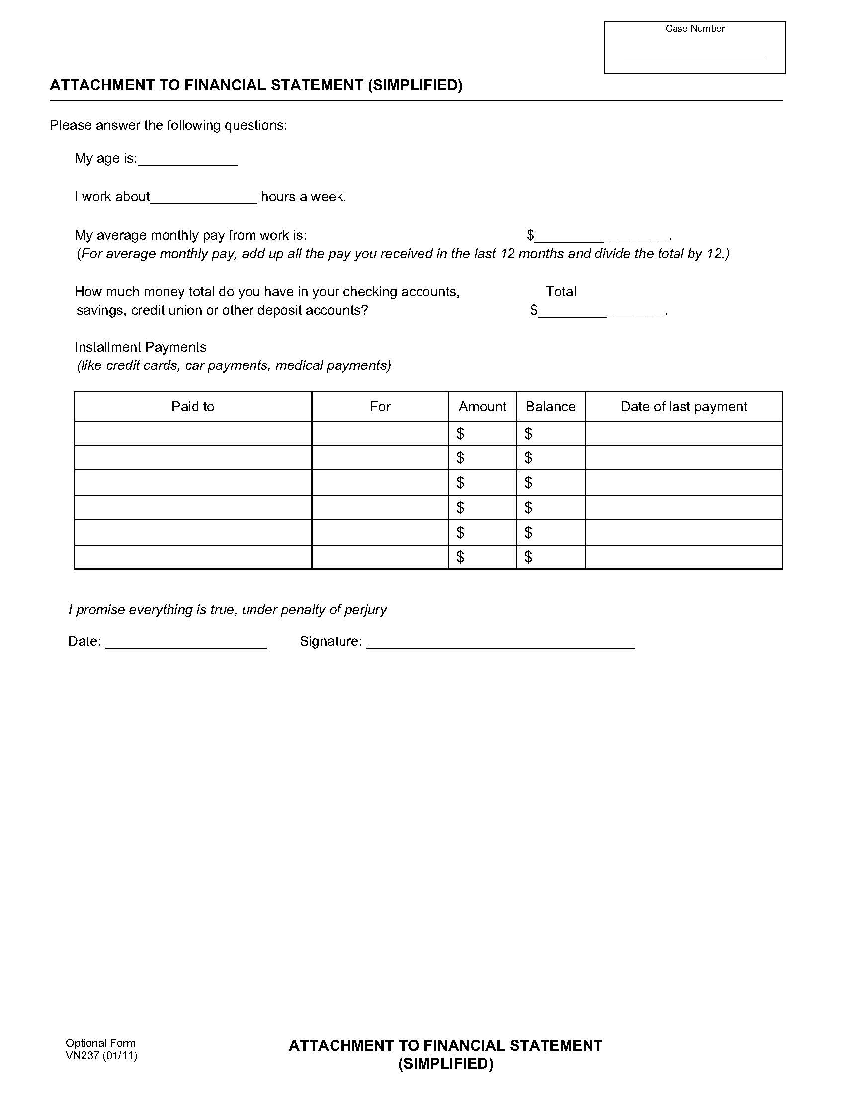 Attachment To Financial Statement (Simplified) {VN237} | Pdf Fpdf Doc Docx | California