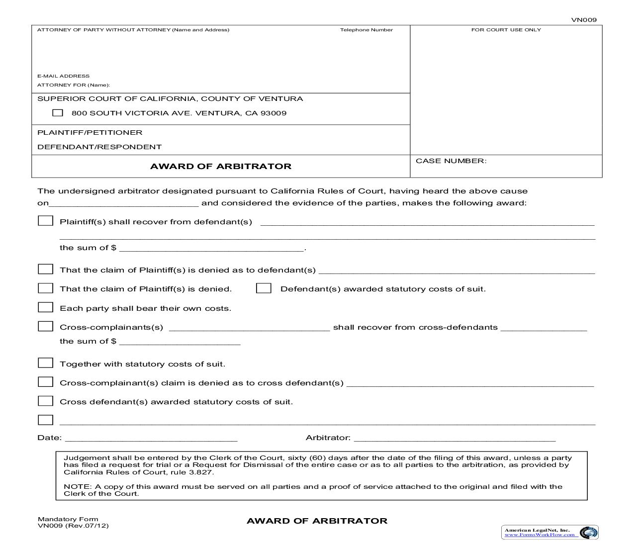 Award Of Arbitrator {VN009} | Pdf Fpdf Doc Docx | California