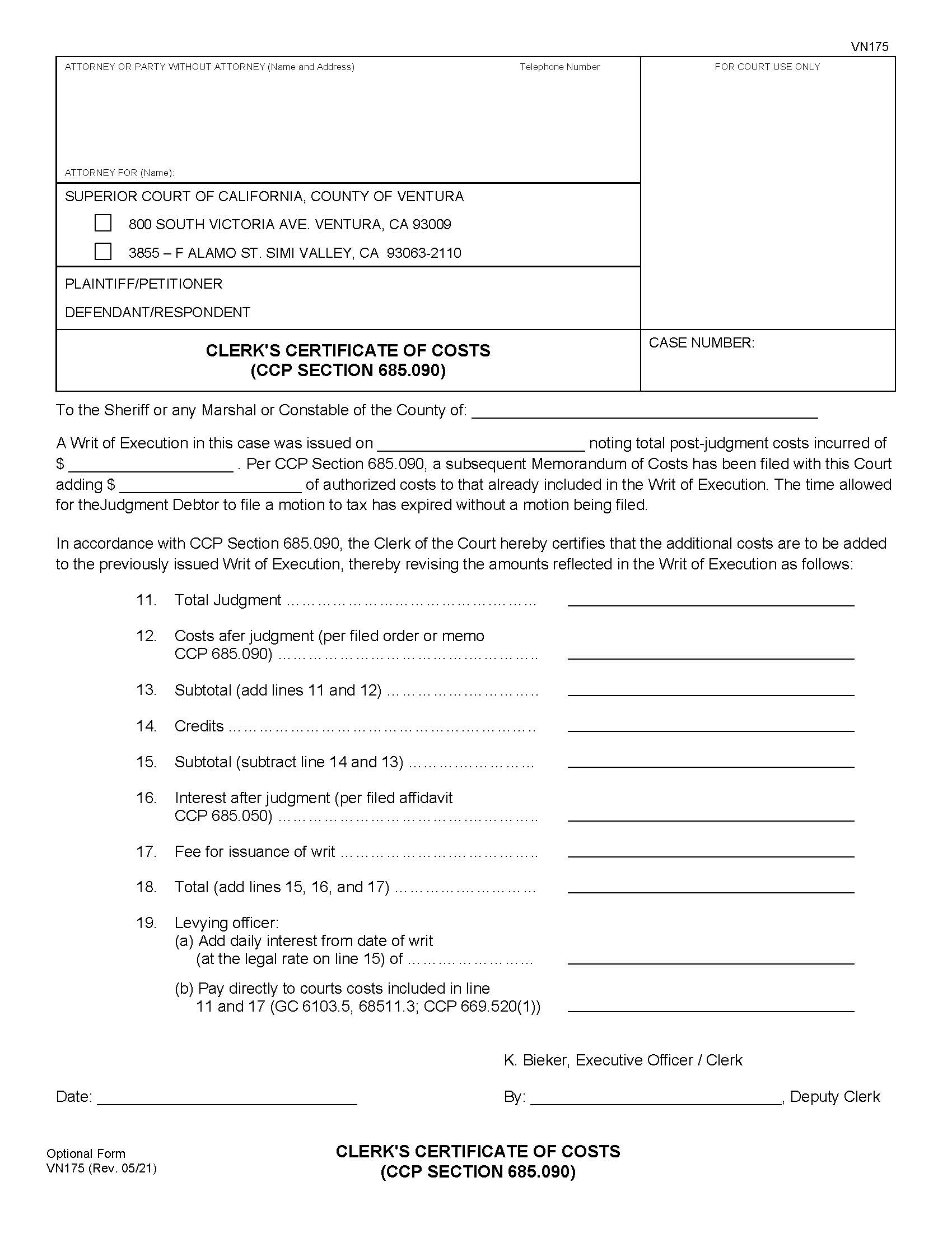 Clerks Certificate Of Costs (CCP 685.090) {VN175} | Pdf Fpdf Doc Docx | California