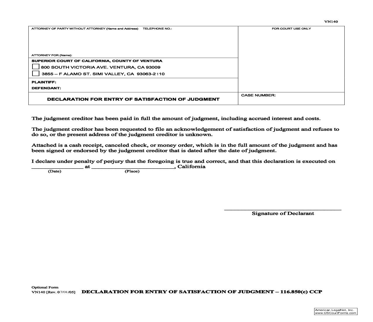 Declaration For Entry Of Satisfaction Of Judgment {VN140} | Pdf Fpdf Doc Docx | California