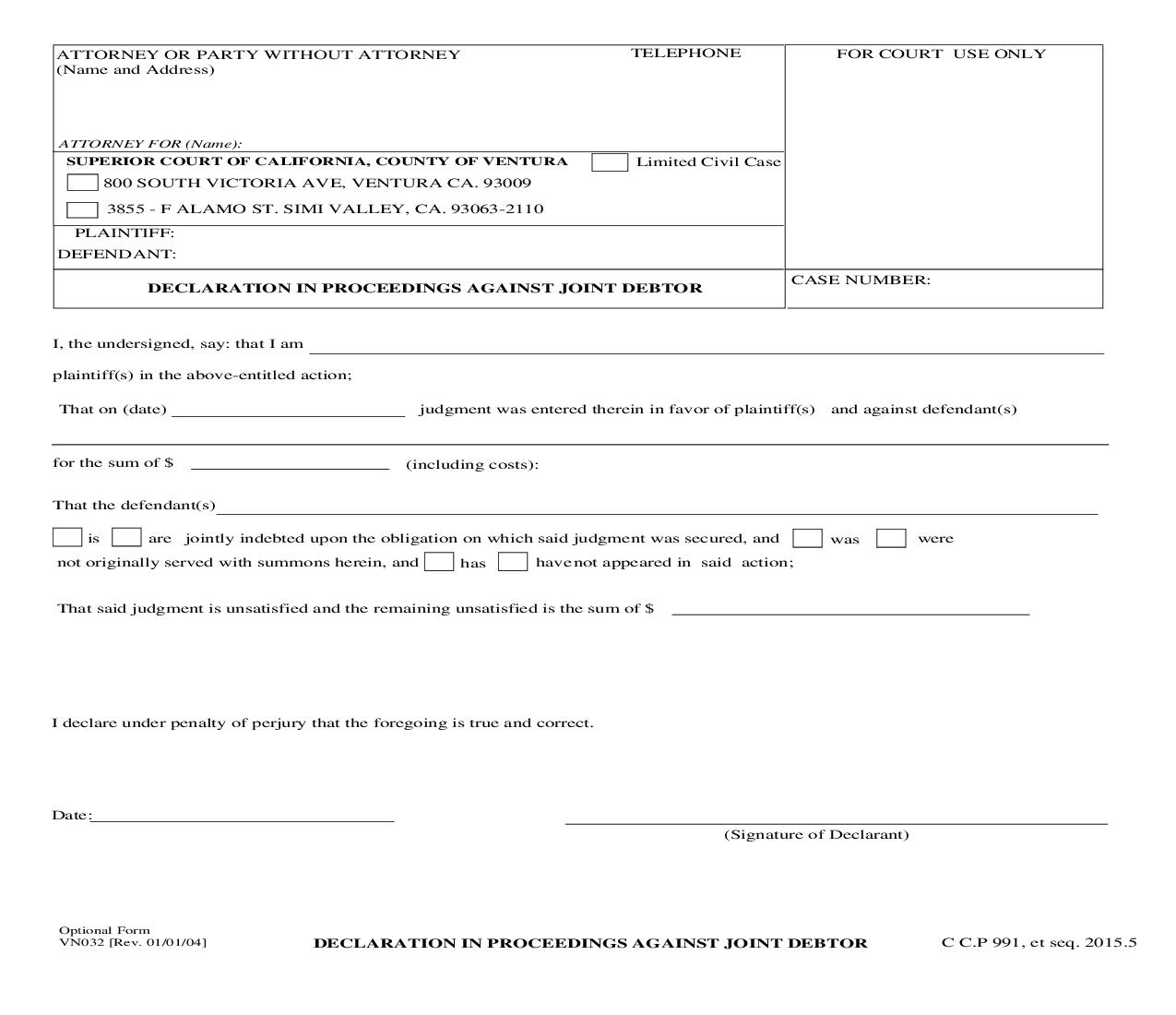 Declaration In Proceedings Against Joint Debtor {VN032} | Pdf Fpdf Doc Docx | California