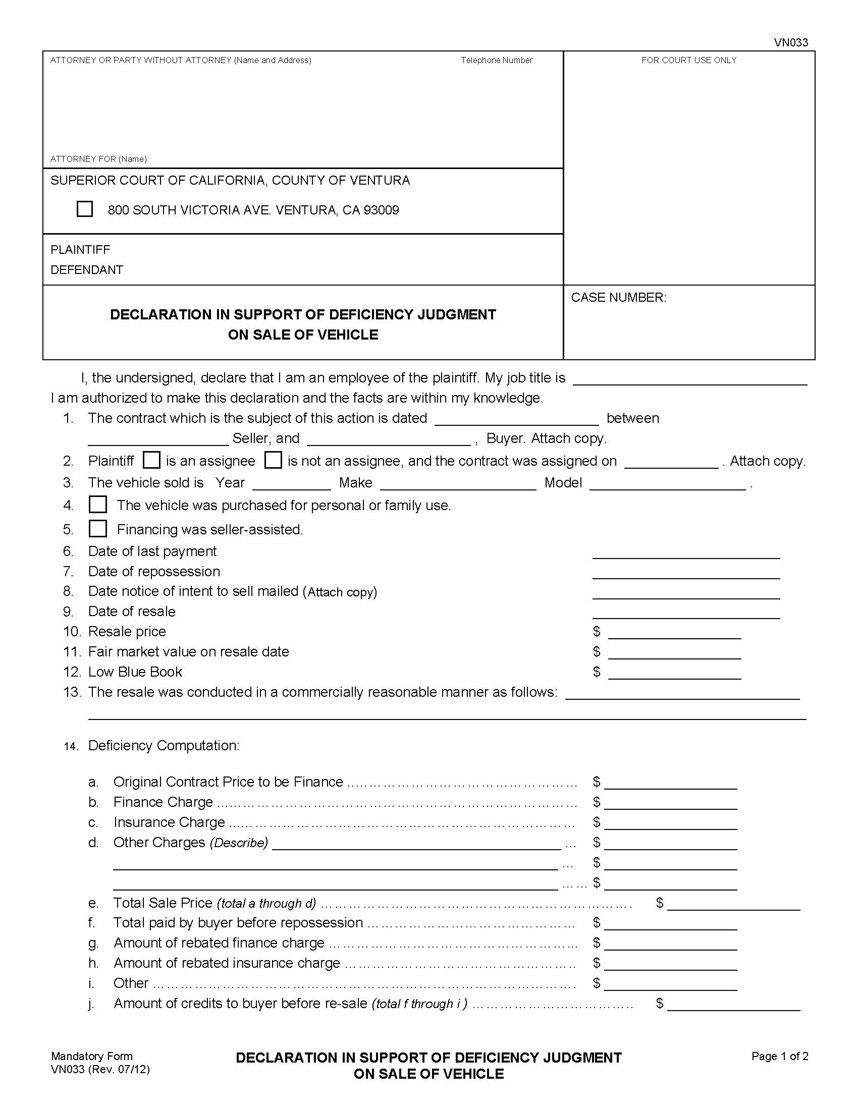 Declaration In Support Of Deficiency Judgment On Sale Of Vehicle {VN033} | Pdf Fpdf Doc Docx | California