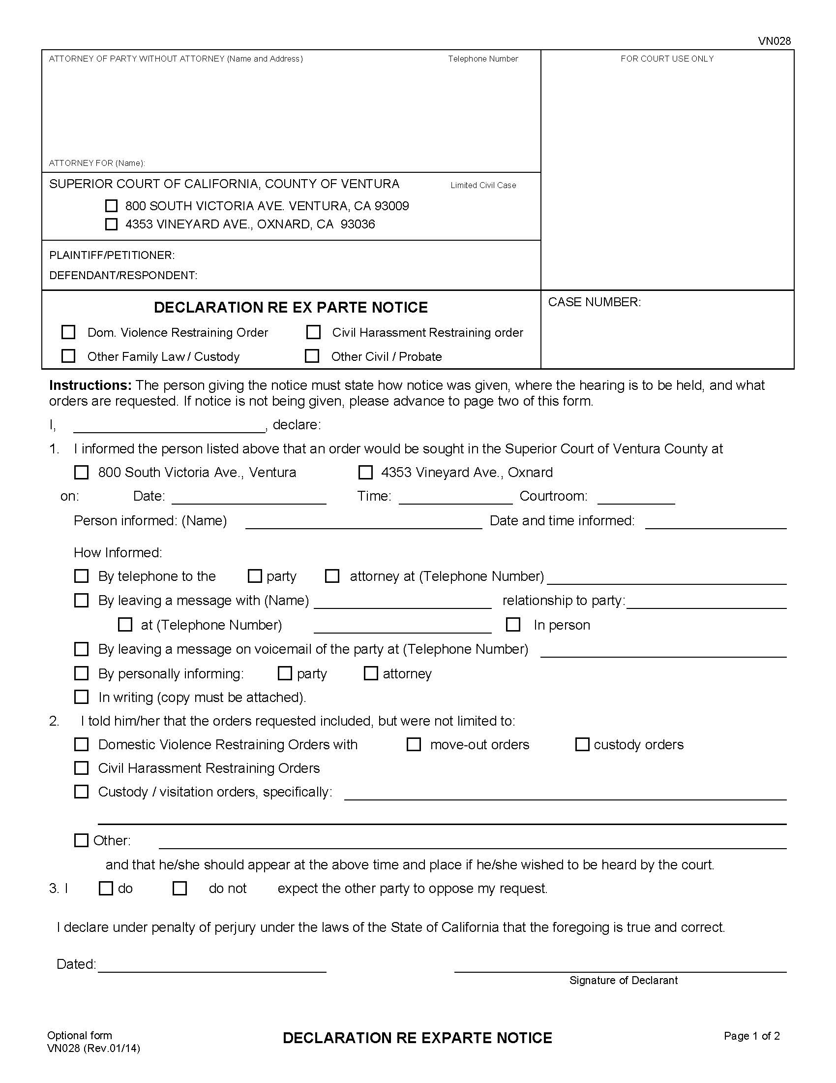 Declaration Re Ex Parte Notice {VN028} | Pdf Fpdf Doc Docx | California