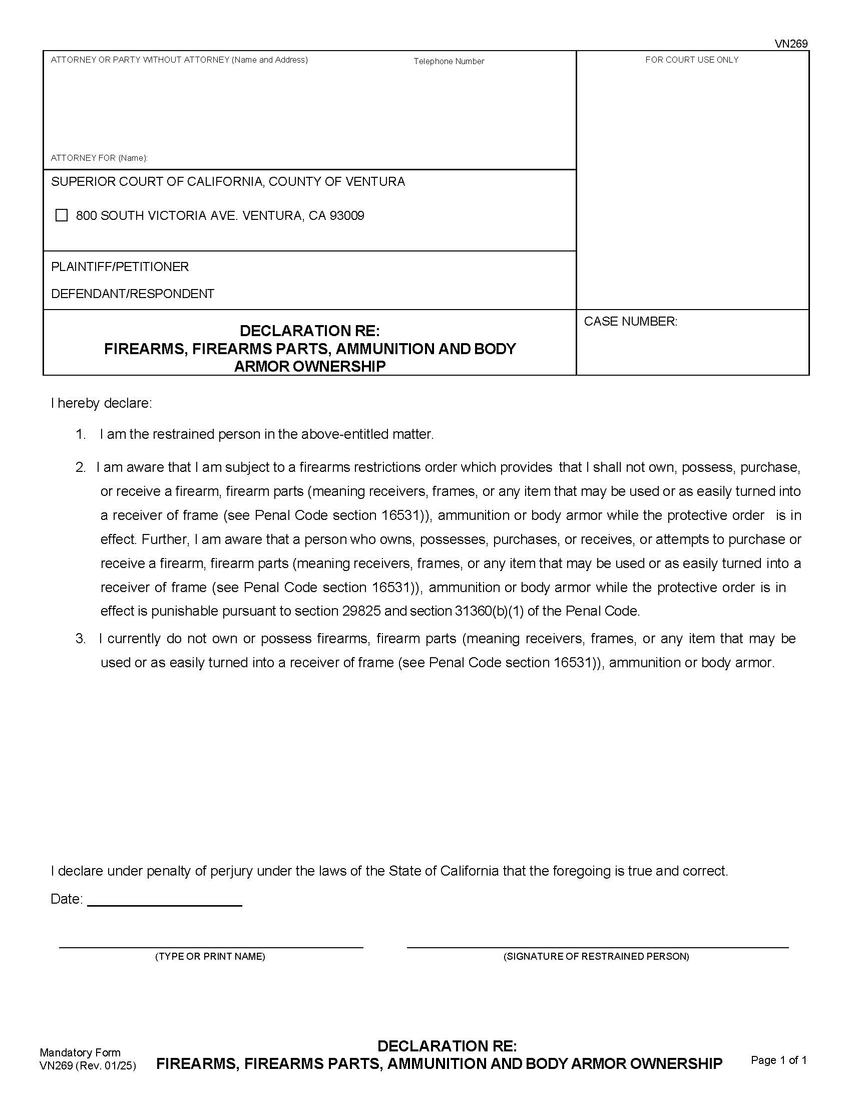 Declaration Re Firearms Firearms Parts And Ammunition Ownership {VN269} | Pdf Fpdf Docx | California