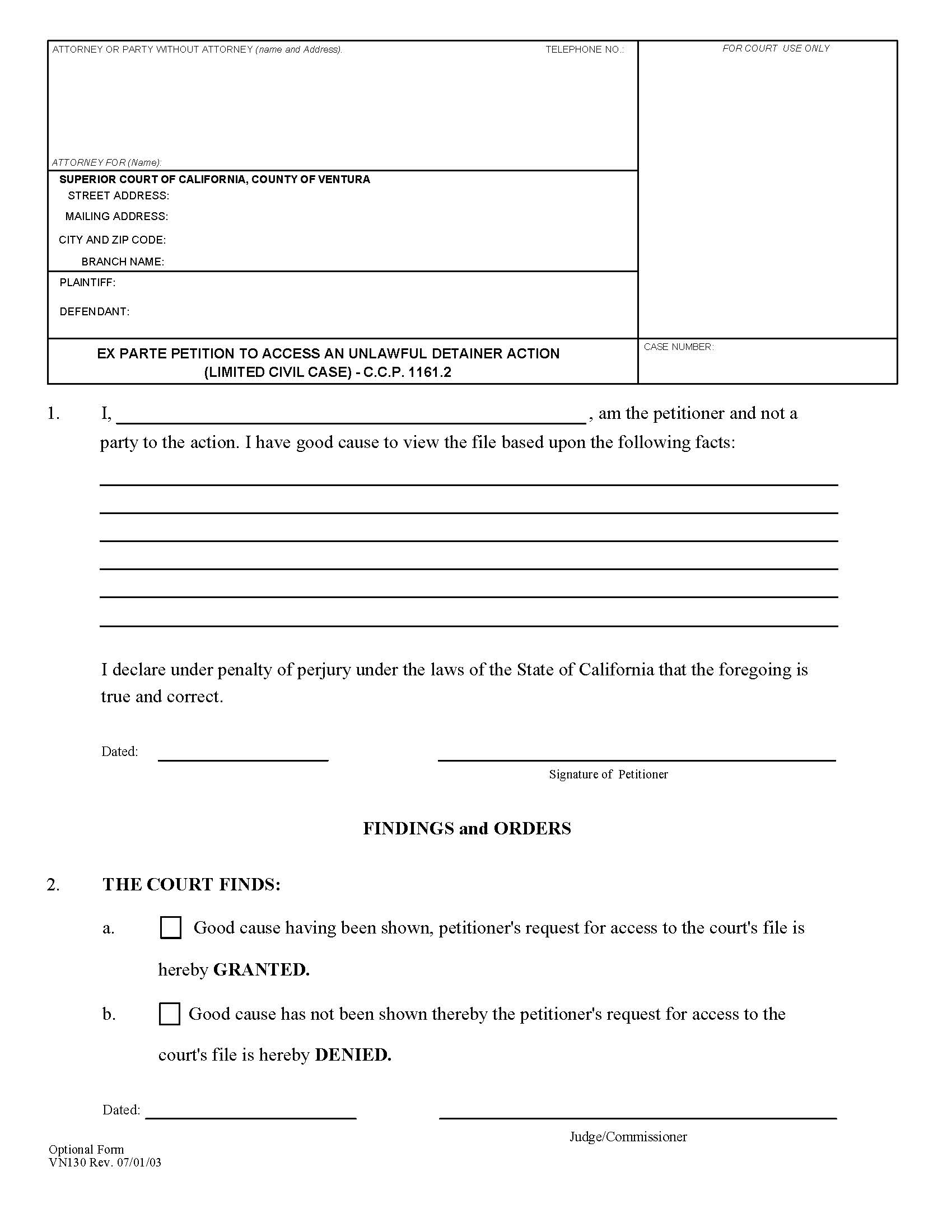 Ex Parte Petition To Access An Unlawful Detainer Action {VN130} | Pdf Fpdf Doc Docx | California