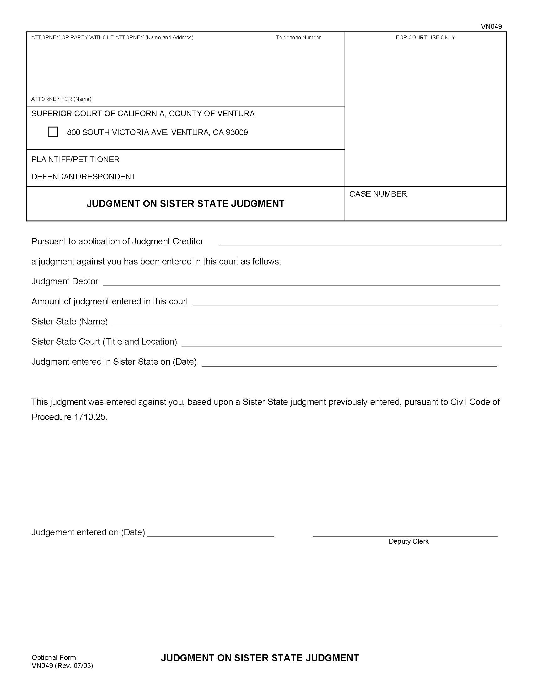 Judgment On Sister State Judgment {VN049} | Pdf Fpdf Doc Docx | California