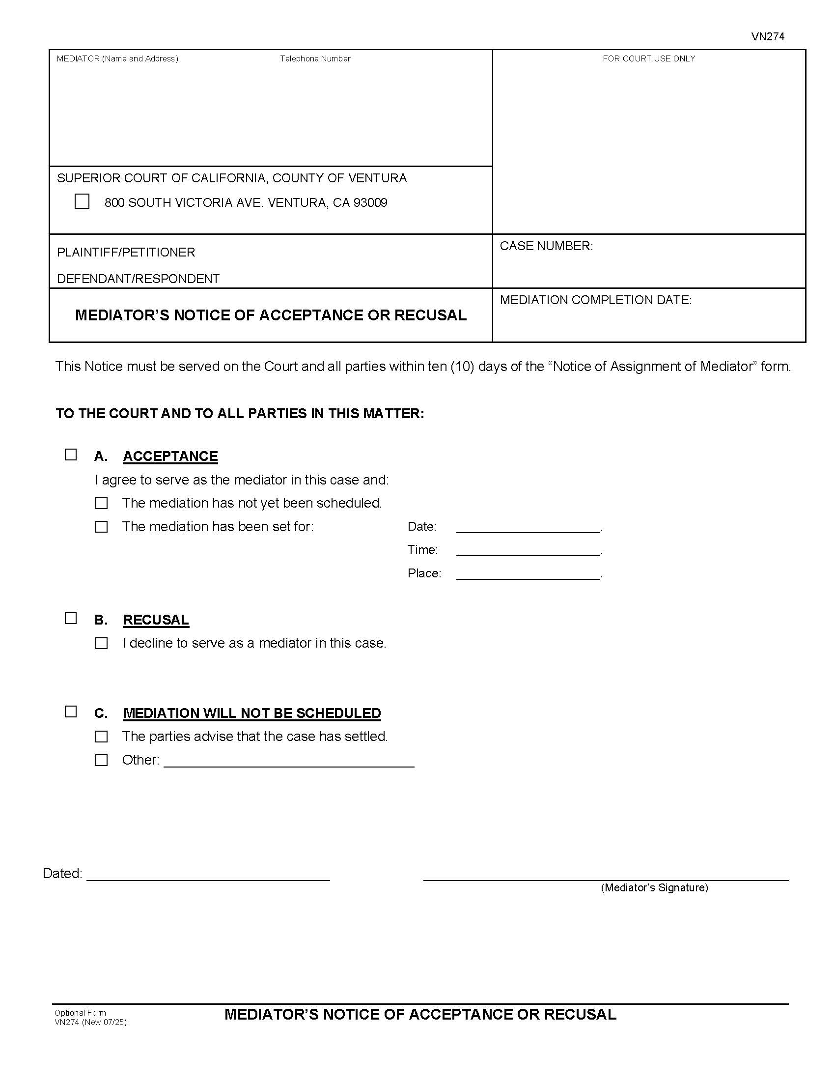 Mediators Notice Of Acceptance Or Recusal {VN274} | Pdf Fpdf Docx | California