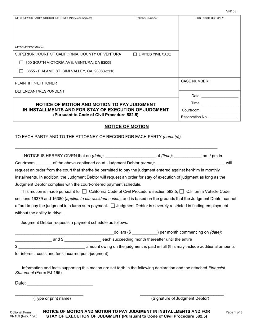 Motion For Payment Of Judgment By Installments {VN153} | Pdf Fpdf Doc Docx | California