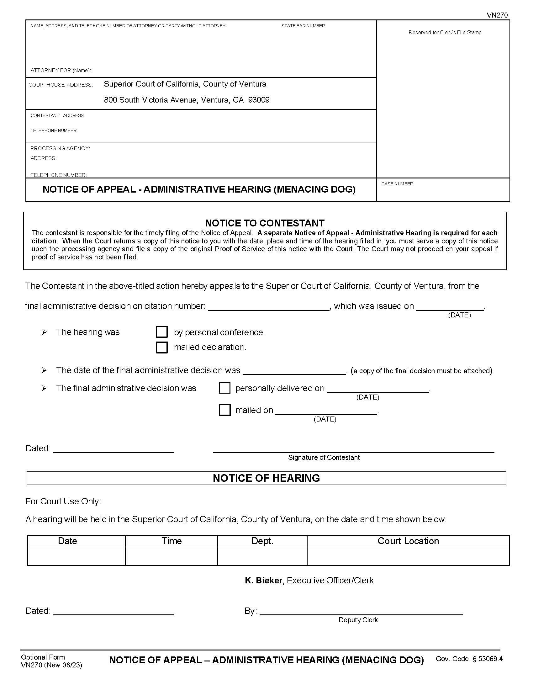 Notice Of Appeal Administrative Hearing (Menacing Dog) {VN270} | Pdf Fpdf Docx | California