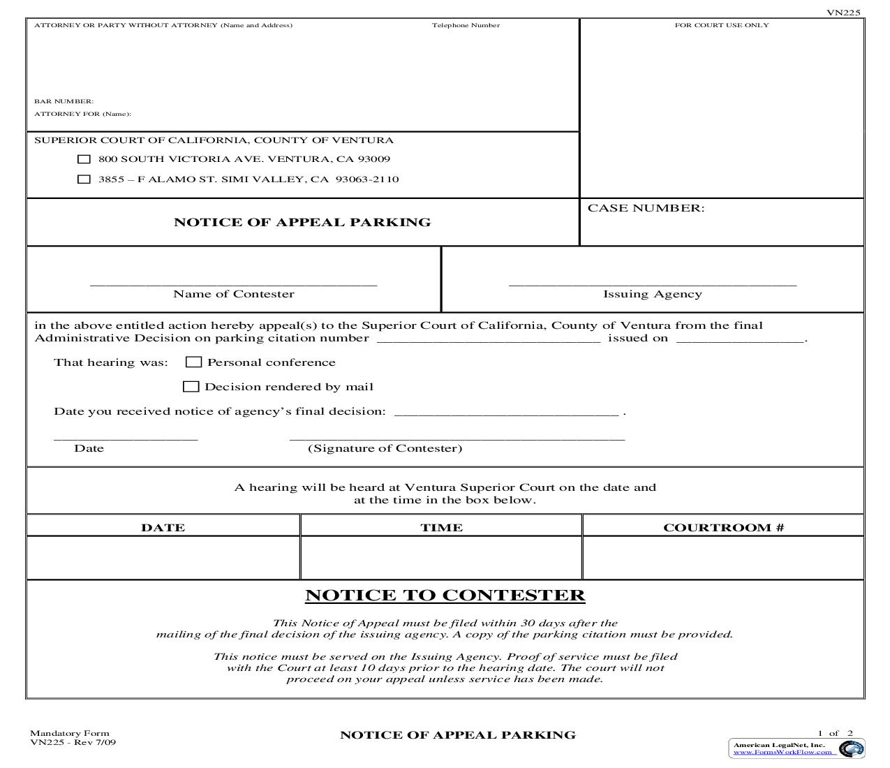 Notice Of Appeal-Parking {VN225} | Pdf Fpdf Doc Docx | California