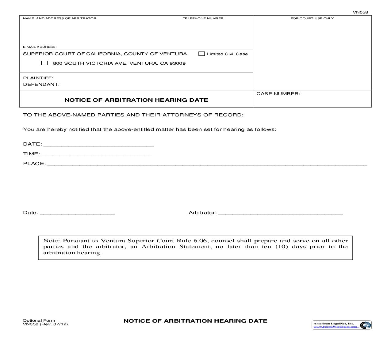 Notice Of Arbitration Hearing Date {VN058} | Pdf Fpdf Doc Docx | California