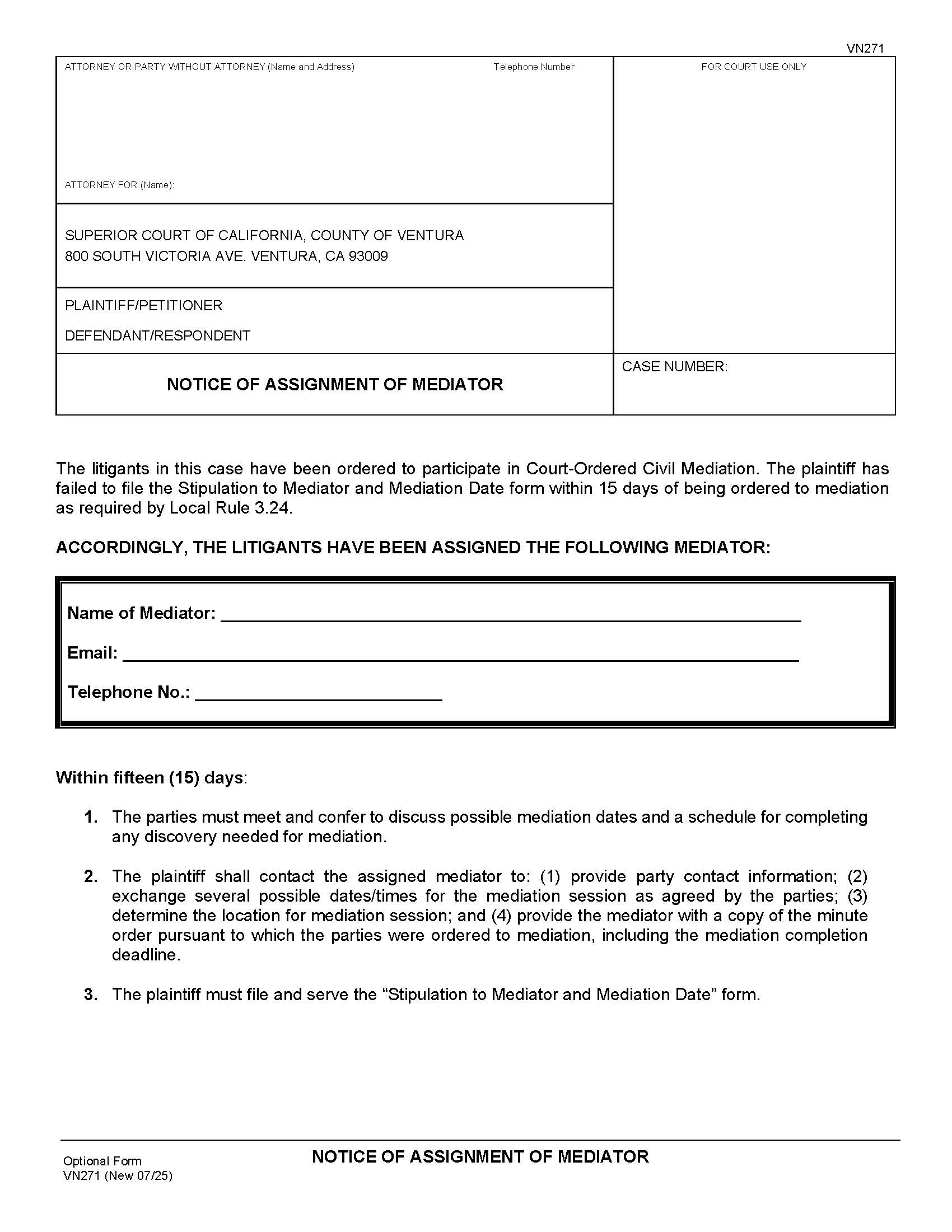 Notice Of Assignment Of Mediator {VN271} | Pdf Fpdf Docx | California