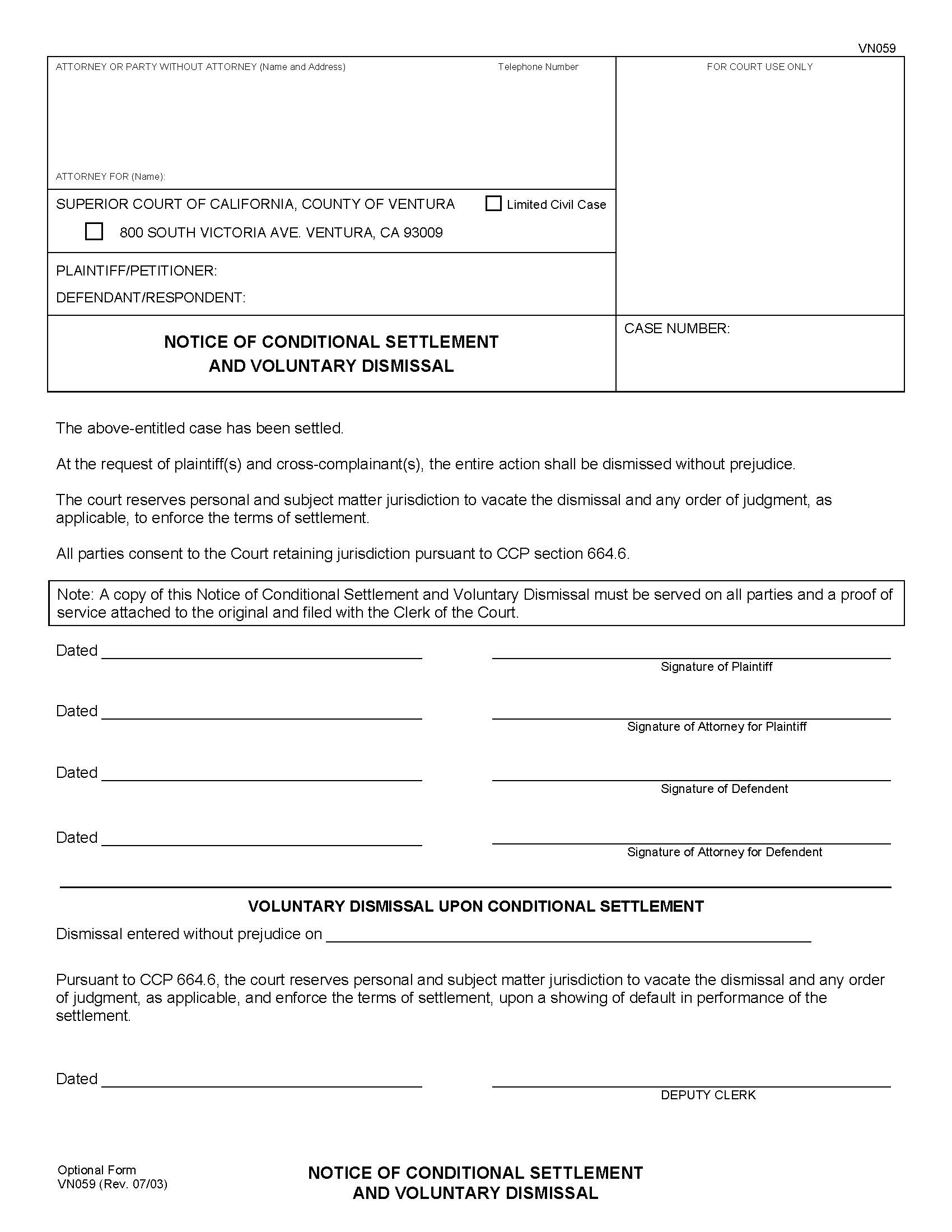 Notice Of Conditional Settlement And Voluntary Dismissal {VN059} | Pdf Fpdf Doc Docx | California