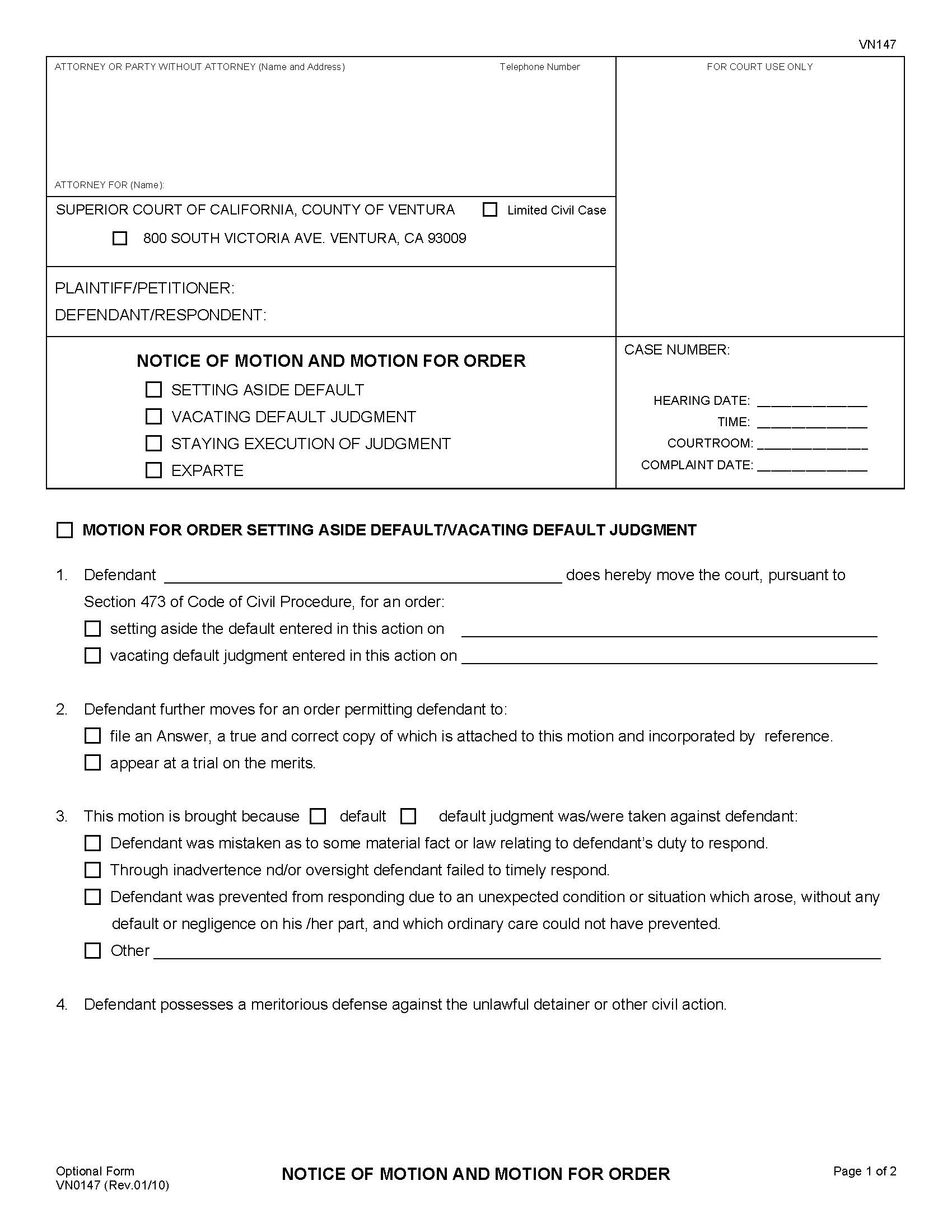 Notice Of Motion And Motion For Order Vacating Default {VN147} | Pdf Fpdf Doc Docx | California