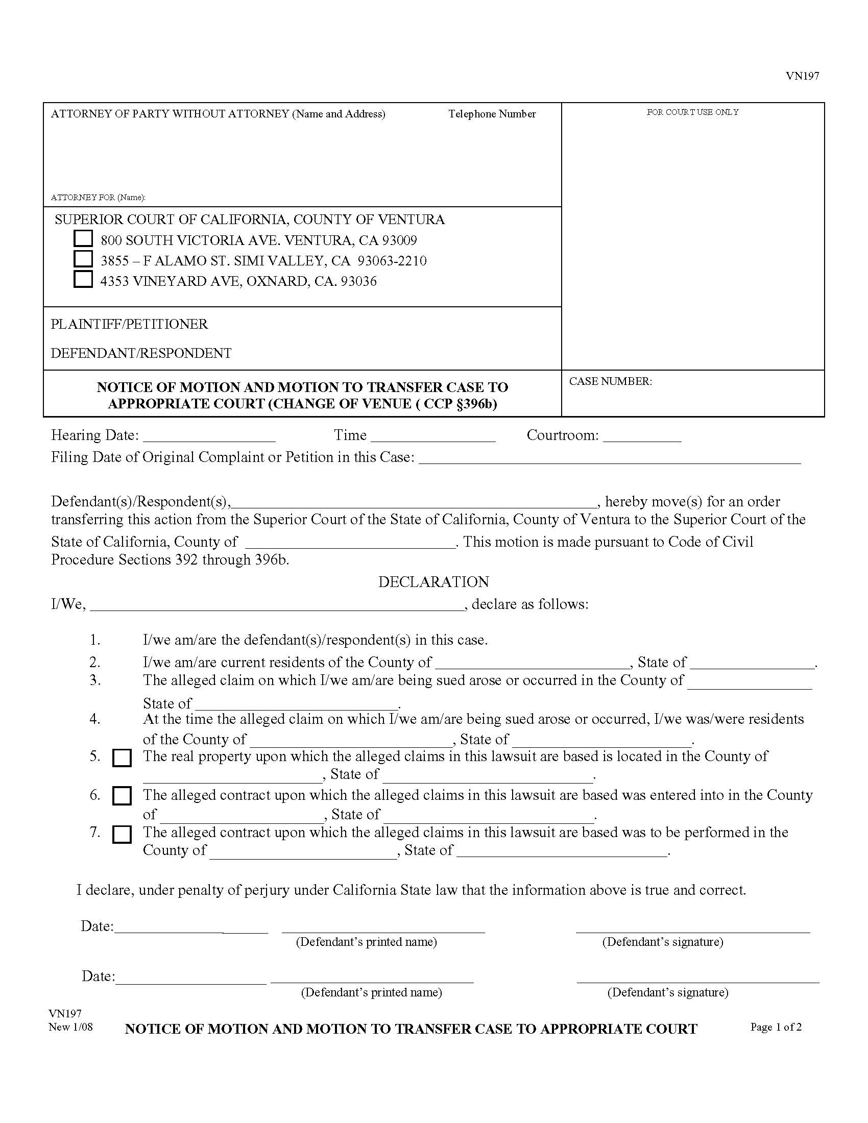 Notice Of Motion And Motion To Transfer Case To Appropriate Court {VN197} | Pdf Fpdf Doc Docx | California