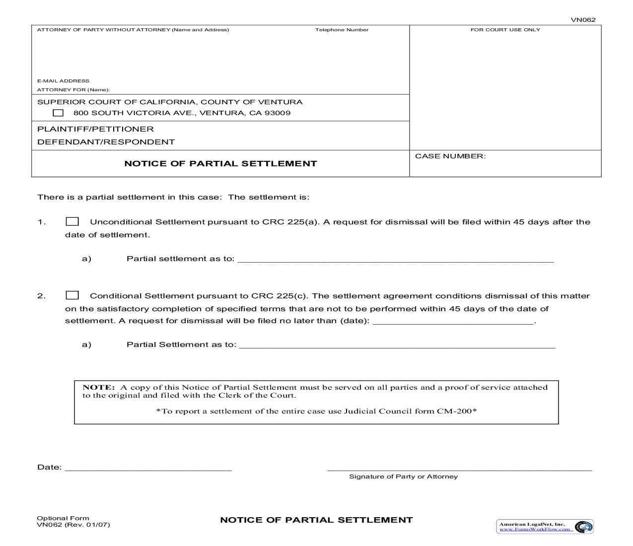 Notice Of Partial Settlement {VN062} | Pdf Fpdf Doc Docx | California