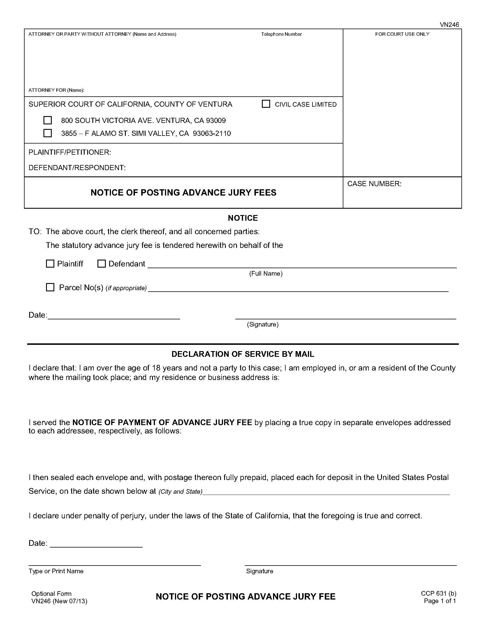 Notice Of Posting Advance Jury Fee {VN246} | Pdf Fpdf Doc Docx | California