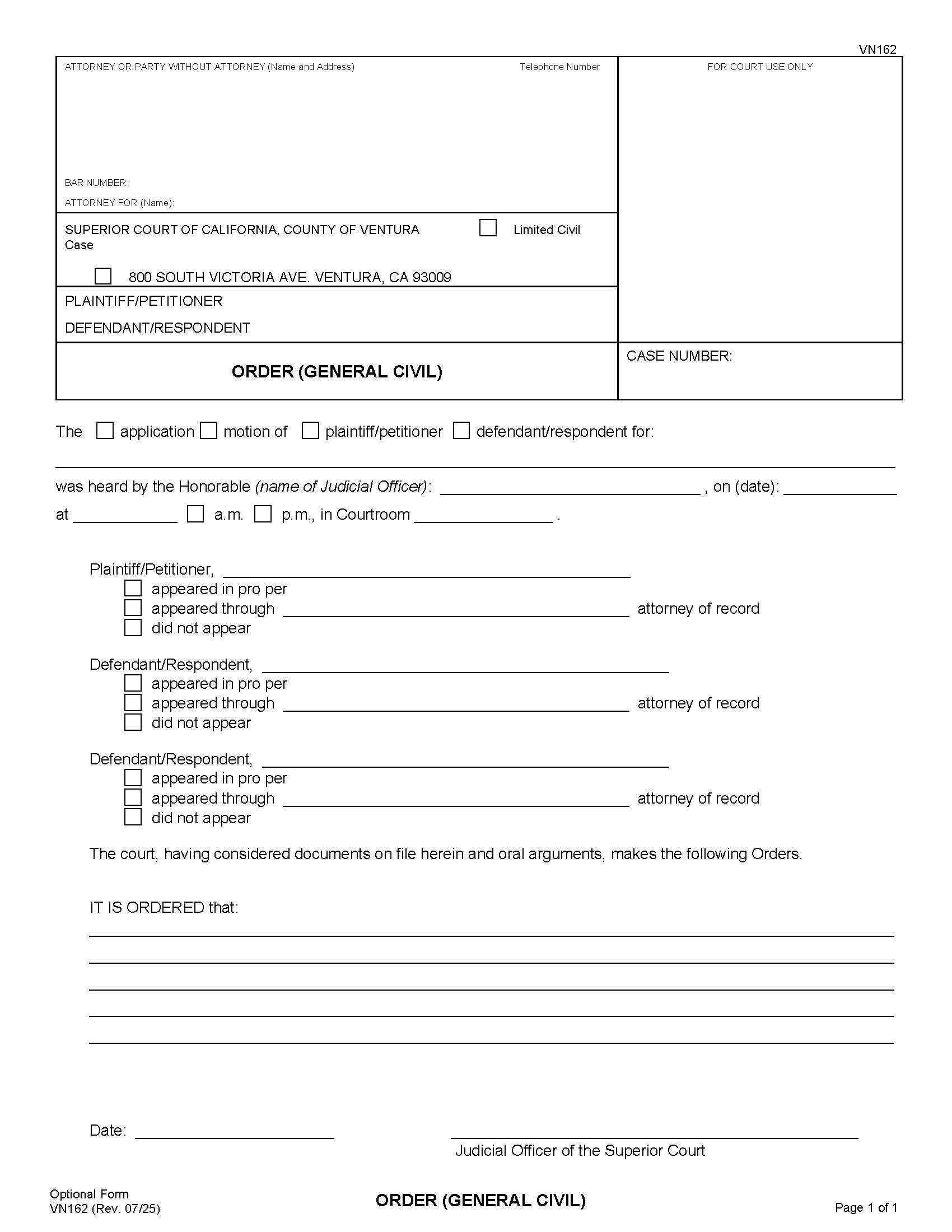 Order (General Civil) {VN162} | Pdf Fpdf Doc Docx | California