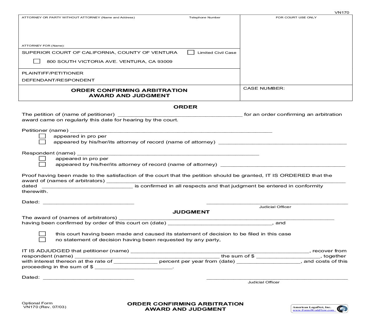 Order Confirming Arbitration Award And Judgment {VN170} | Pdf Fpdf Doc Docx | California