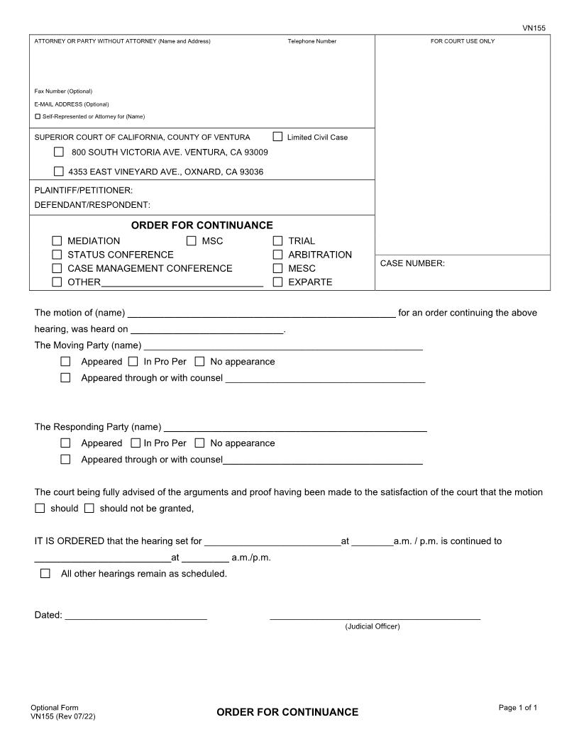 Order For Continuance {VN155} | Pdf Fpdf Doc Docx | California