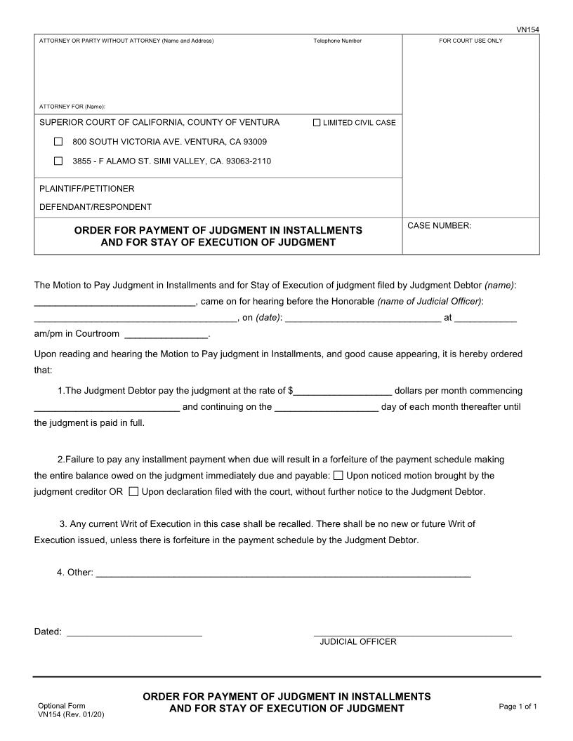 Order For Payment Of Judgment By Installments {VN154} | Pdf Fpdf Doc Docx | California