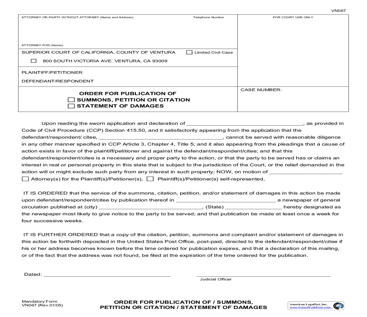 Order For Publication Of Summons Or Citation {VN067} | Pdf Fpdf Doc Docx | California