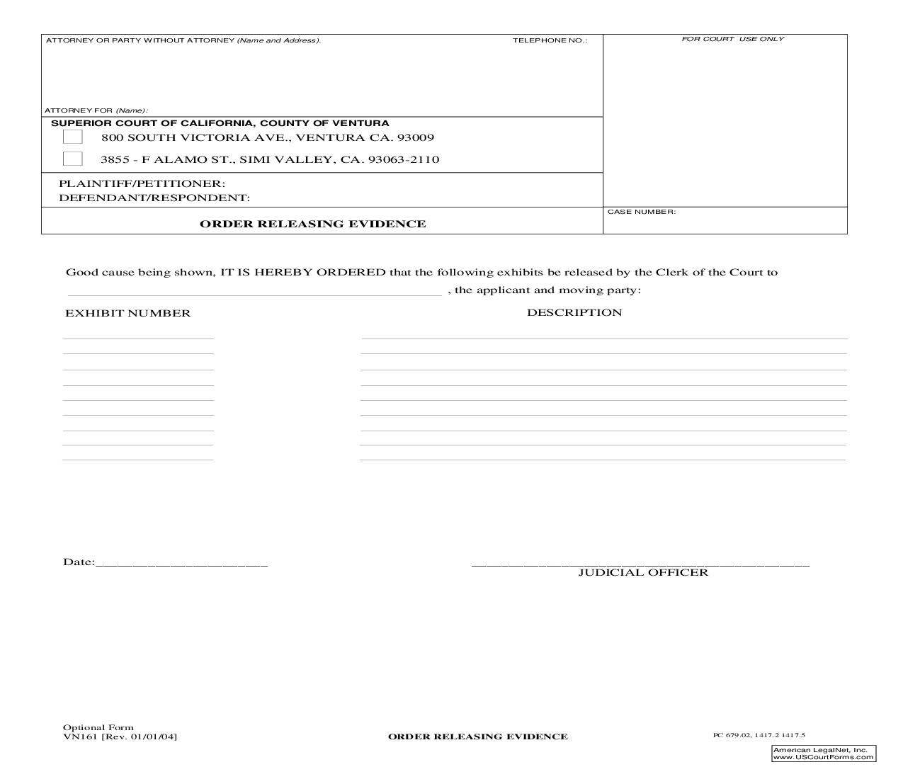 Order Releasing Evidence {VN161} | Pdf Fpdf Doc Docx | California
