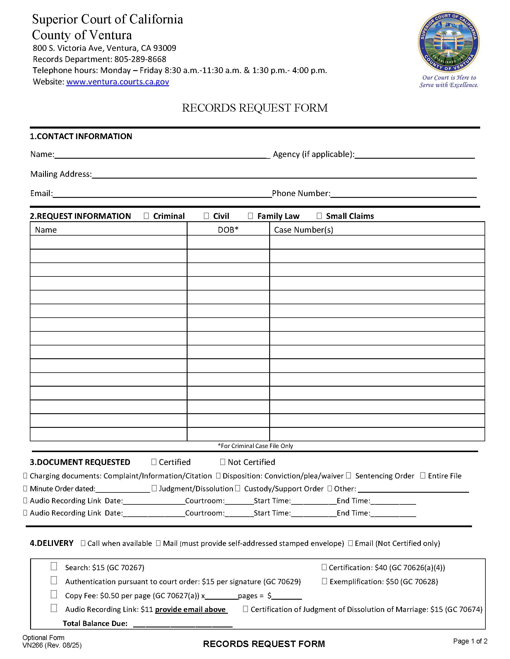Records Request Form {VN266} | Pdf Fpdf Docx | California