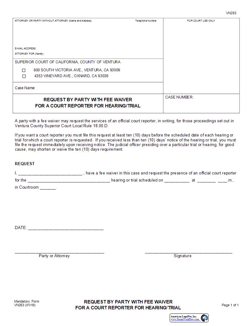 Request By Party With Fee Waiver For A Court Reporter For Hearing-Trial {VN253} | Pdf Fpdf Docx | California