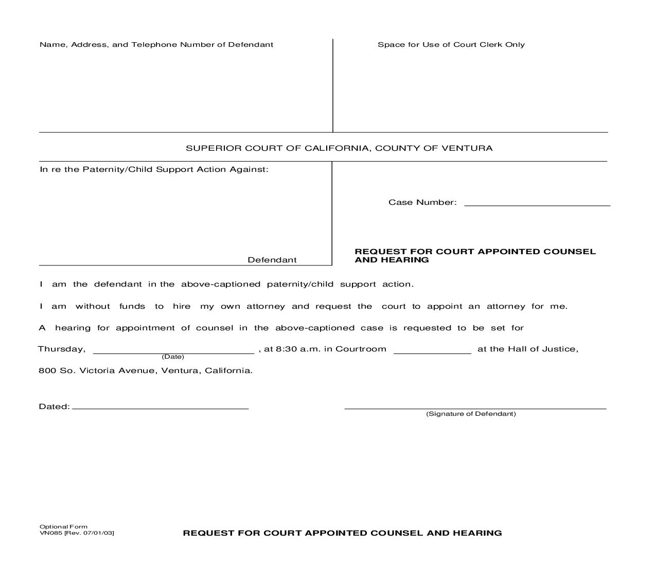 Request For Court Appointed Counsel And Hearing {VN085} | Pdf Fpdf Doc Docx | California