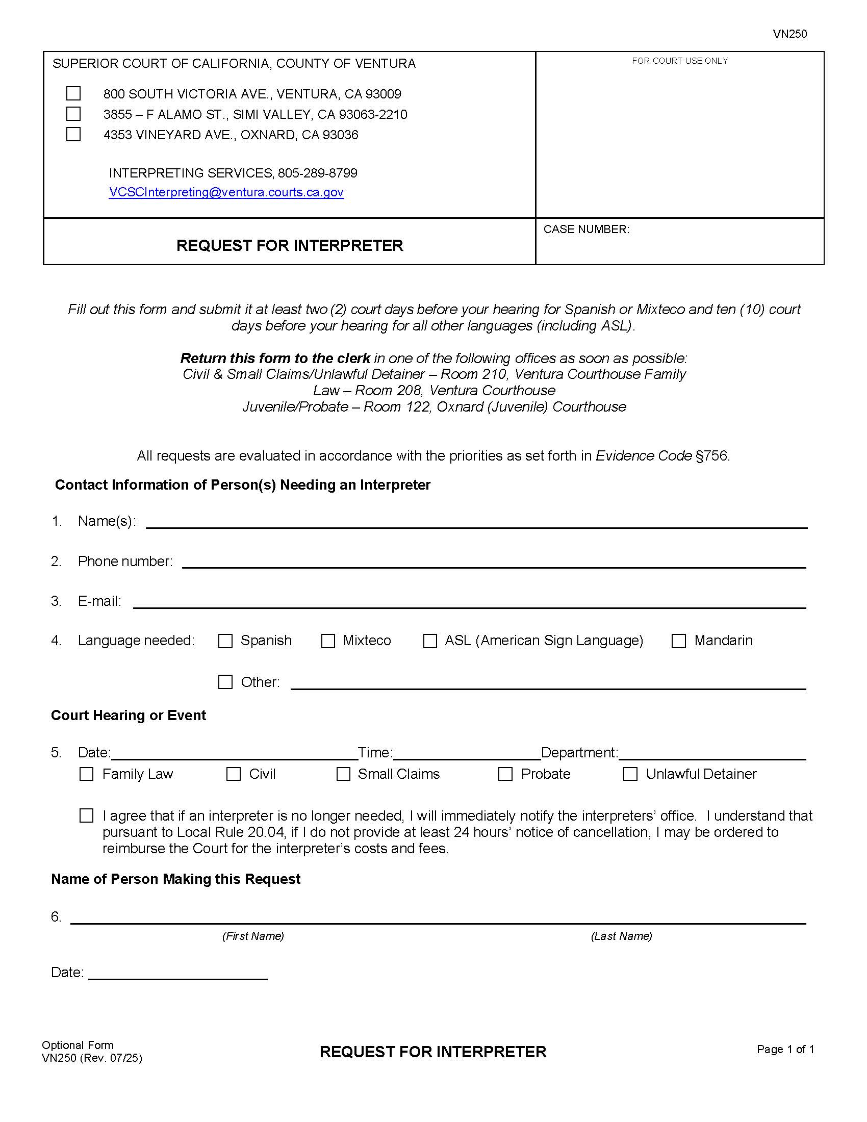 Request For Interpreter {VN250} | Pdf Fpdf Doc Docx | California