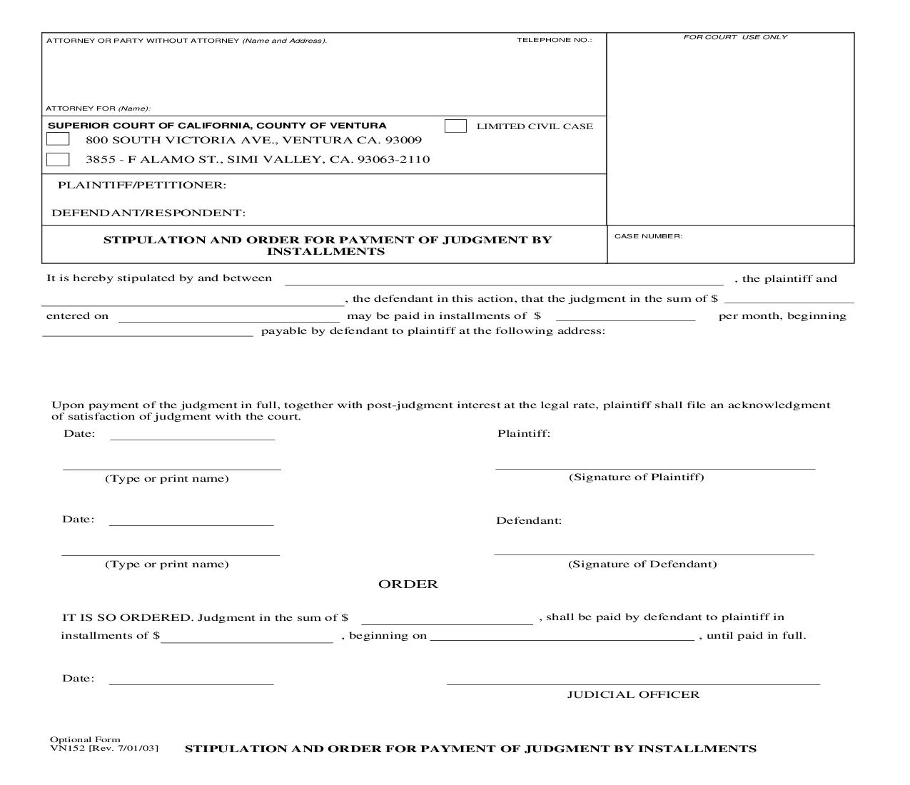 Stipulation And Order For Payment Of Judgment By Installments {VN152} | Pdf Fpdf Doc Docx | California