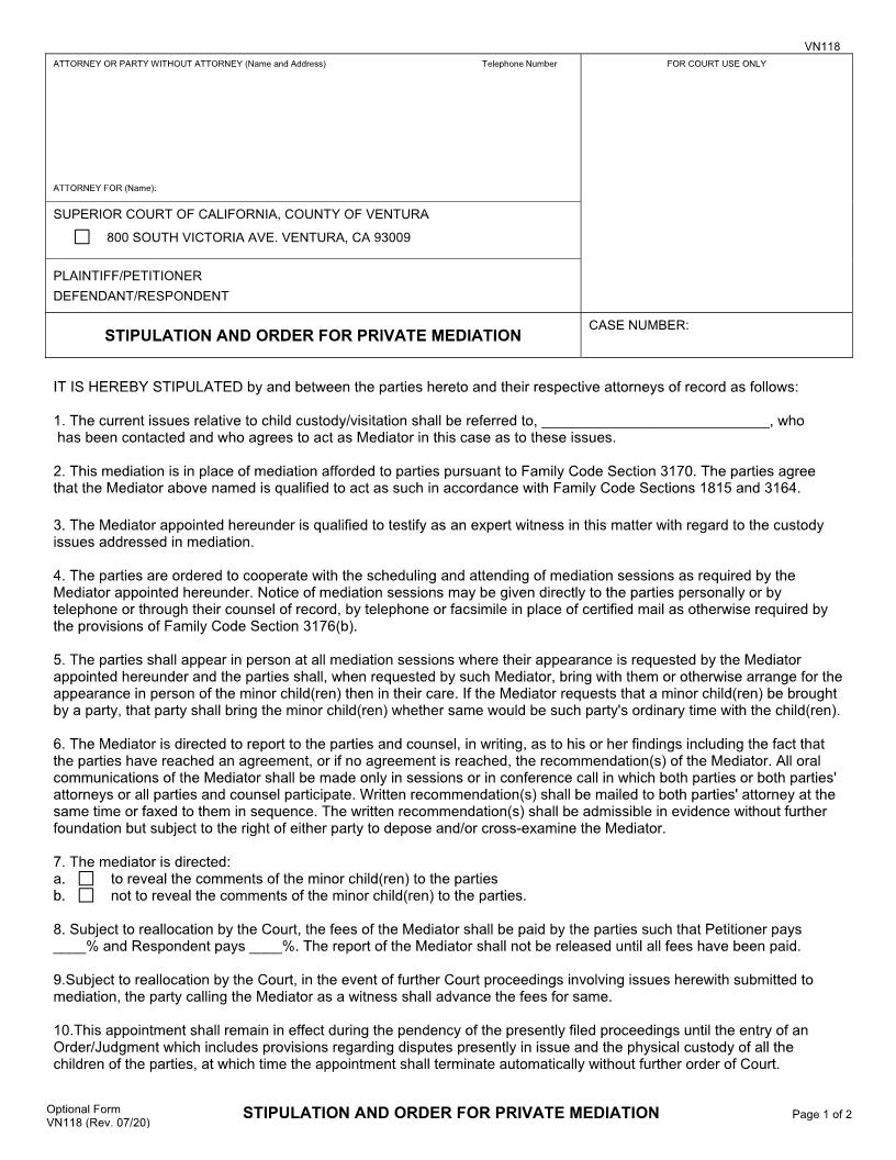 Stipulation And Order For Private Mediation {VN118} | Pdf Fpdf Docx | California