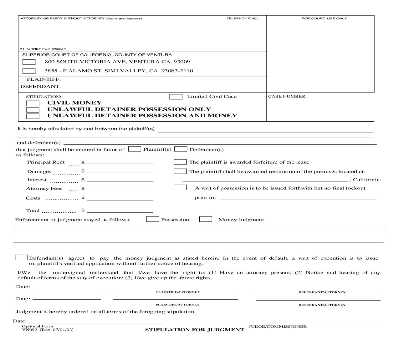 Stipulation For Judgment {VN093} | Pdf Fpdf Doc Docx | California