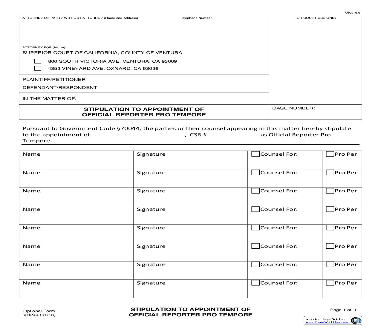 Stipulation To Appointment Of Official Reporter Pro Tempore {VN244} | Pdf Fpdf Doc Docx | California