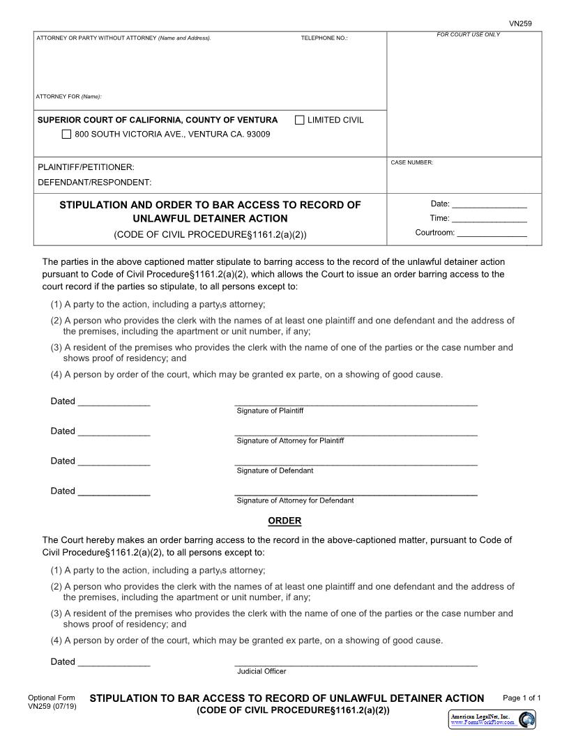 Stipulation To Bar Access To Record Of Unlawful Detainer Action {VN259} | Pdf Fpdf Docx | California