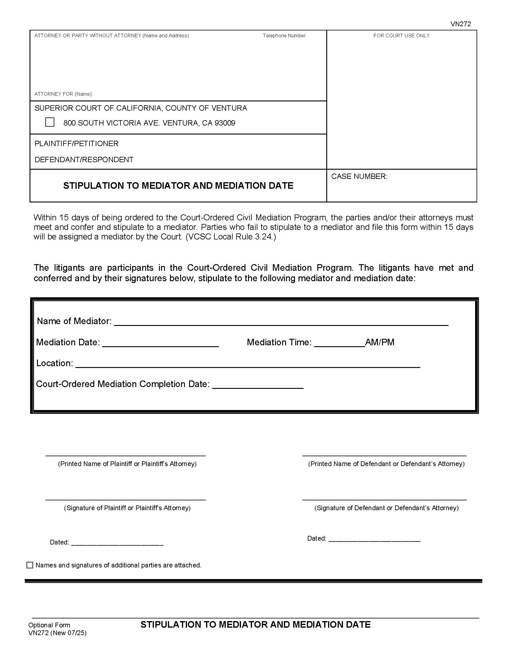 Stipulation To Mediator And Mediation Date {VN272} | Pdf Fpdf Docx | California