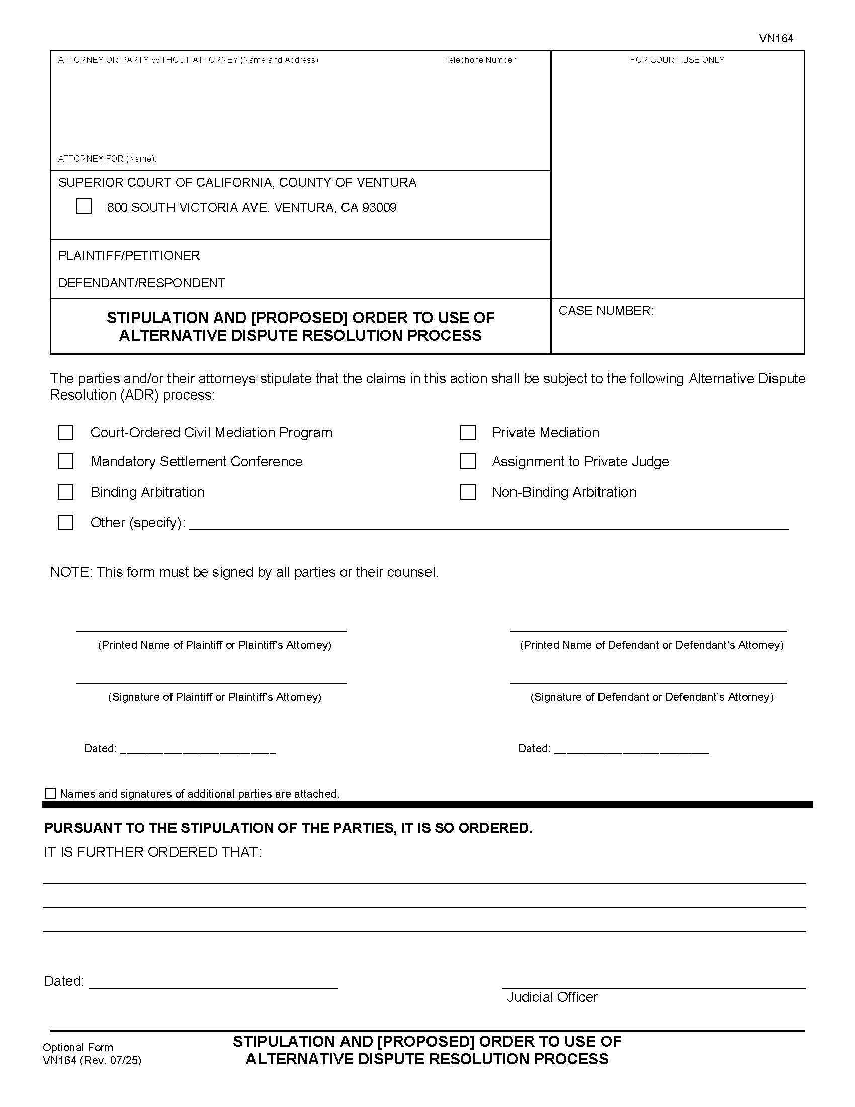 Stipulation To Use Of Alternative Dispute Resolution Process {VN164} | Pdf Fpdf Doc Docx | California