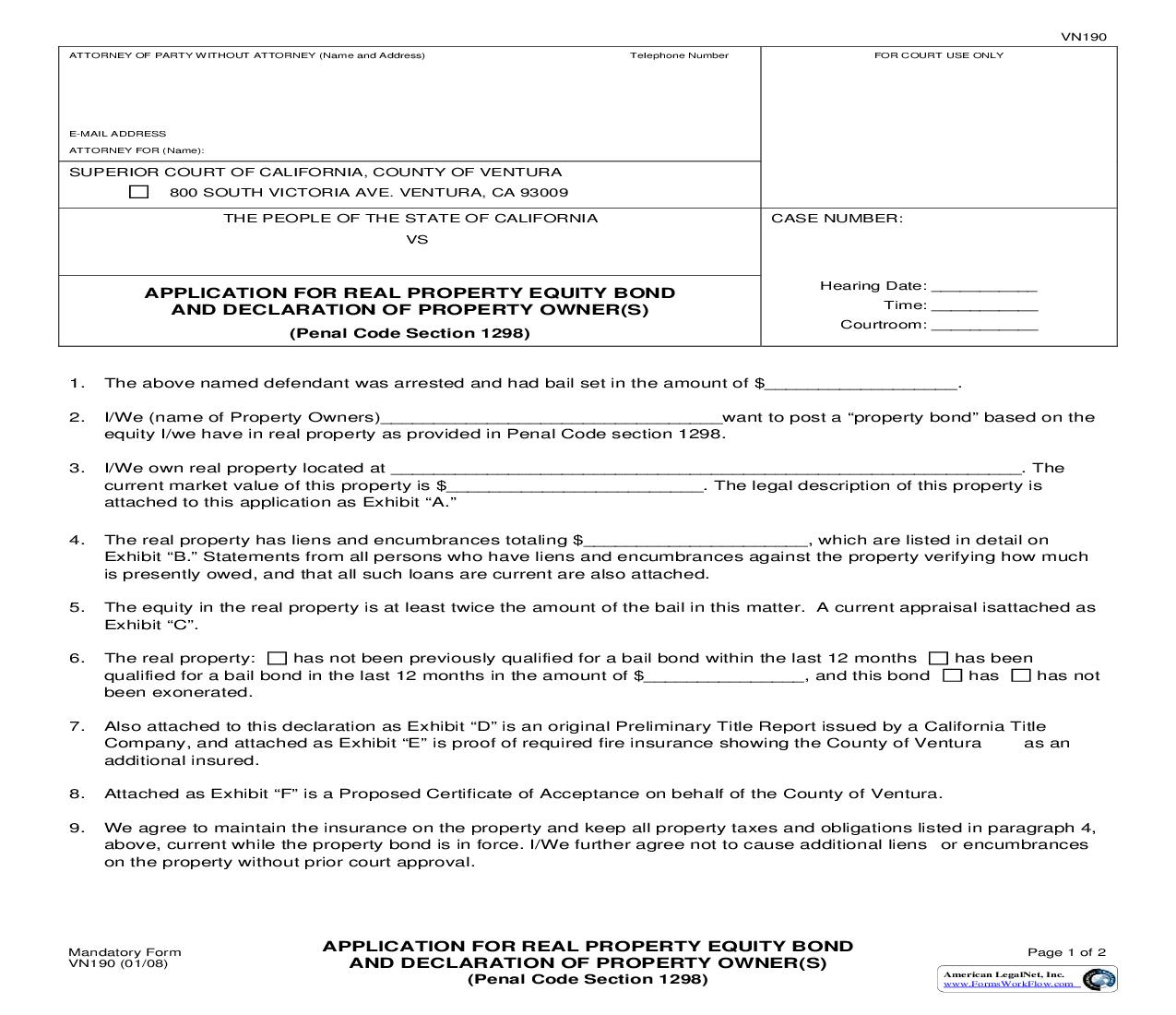Application For Real Property Equity Bond And Declaration Of Property Owner(s) {VN190} | Pdf Fpdf Doc Docx | California