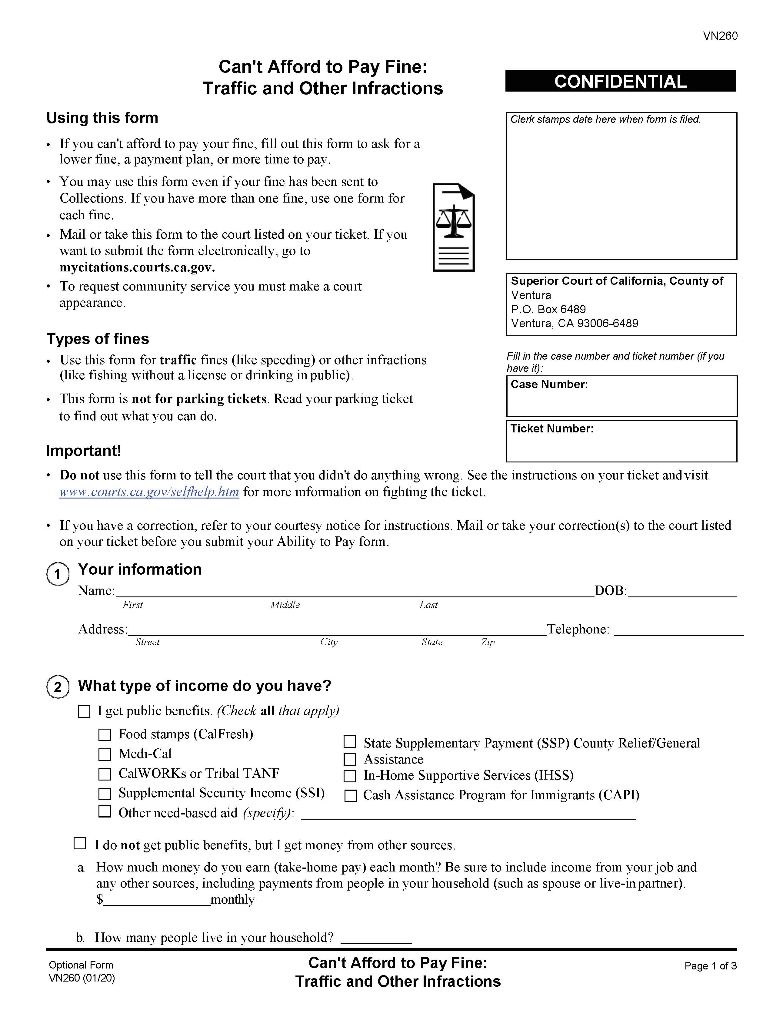 Cant Afford To Pay Fine-Traffic And Other Infractions {VN260} | Pdf Fpdf Docx | California