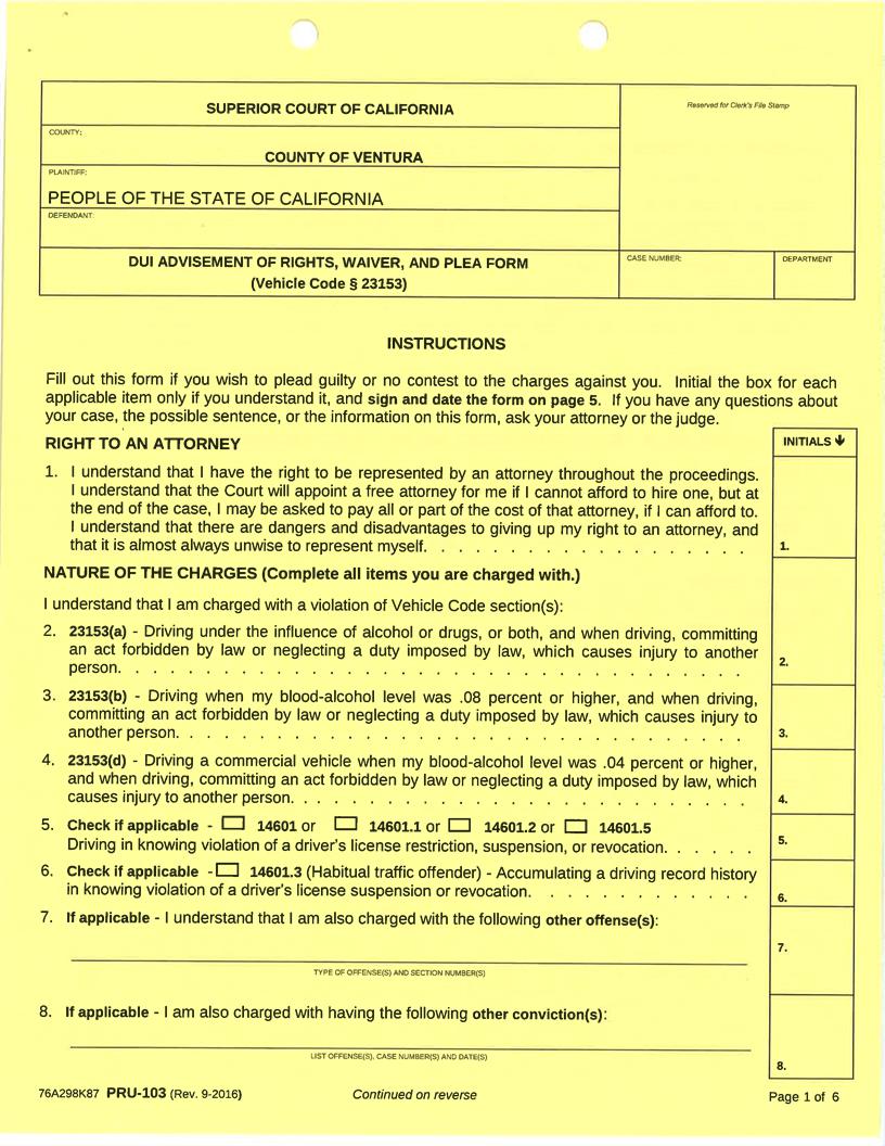DUI Advisement Of Right Waiver And Plea Form (Vehicle Code 23153) (Ventura) {PRU-103} | Pdf Fpdf Docx | California
