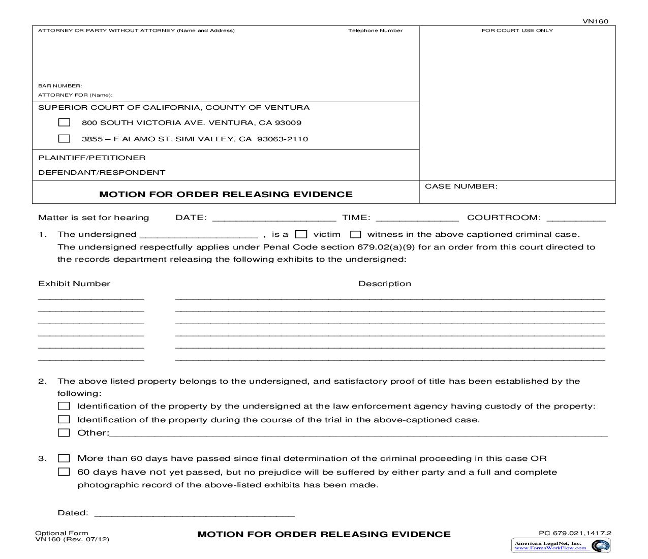 Motion For Order Releasing Evidence {VN160} | Pdf Fpdf Doc Docx | California