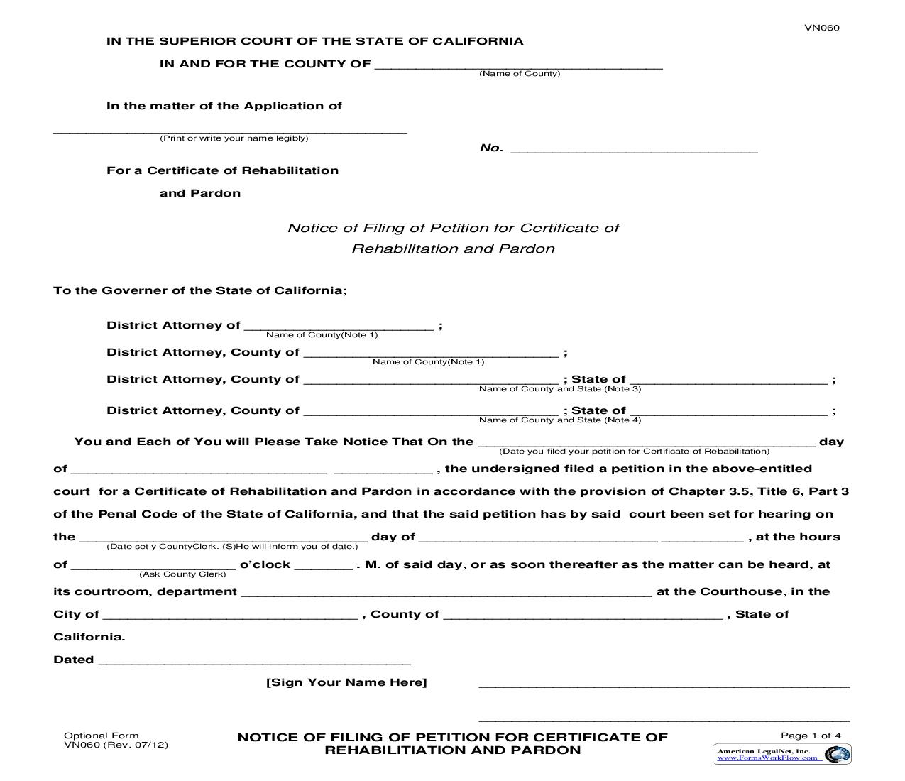 Notice Of Filing Of Petition For Certificate Of Rehabilitation And Pardon {VN060} | Pdf Fpdf Doc Docx | California