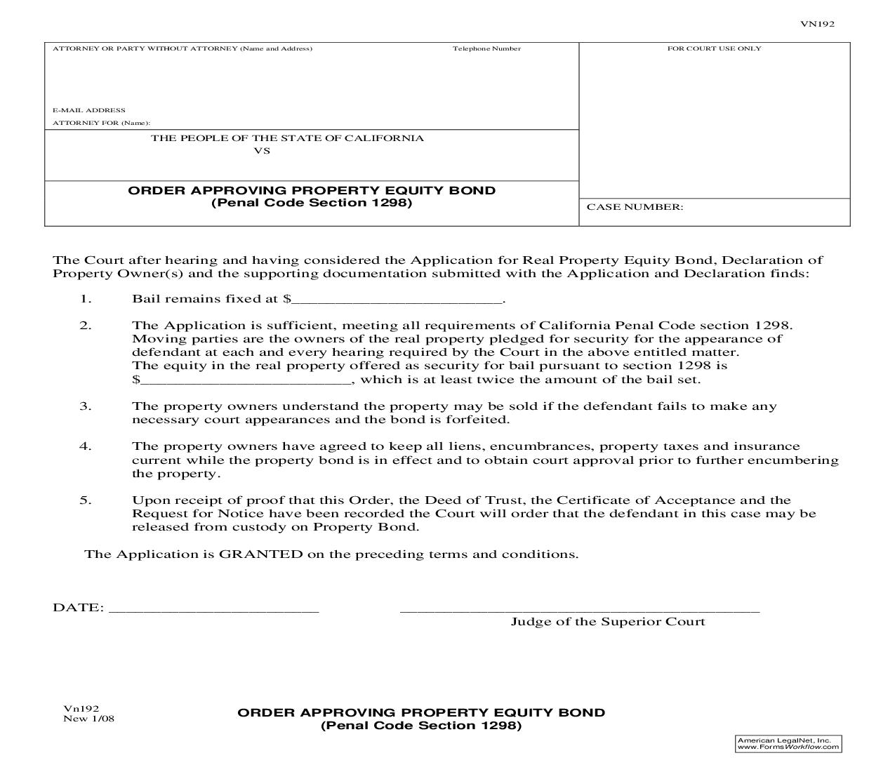 Order Approving Property Equity Bond {VN192} | Pdf Fpdf Doc Docx | California