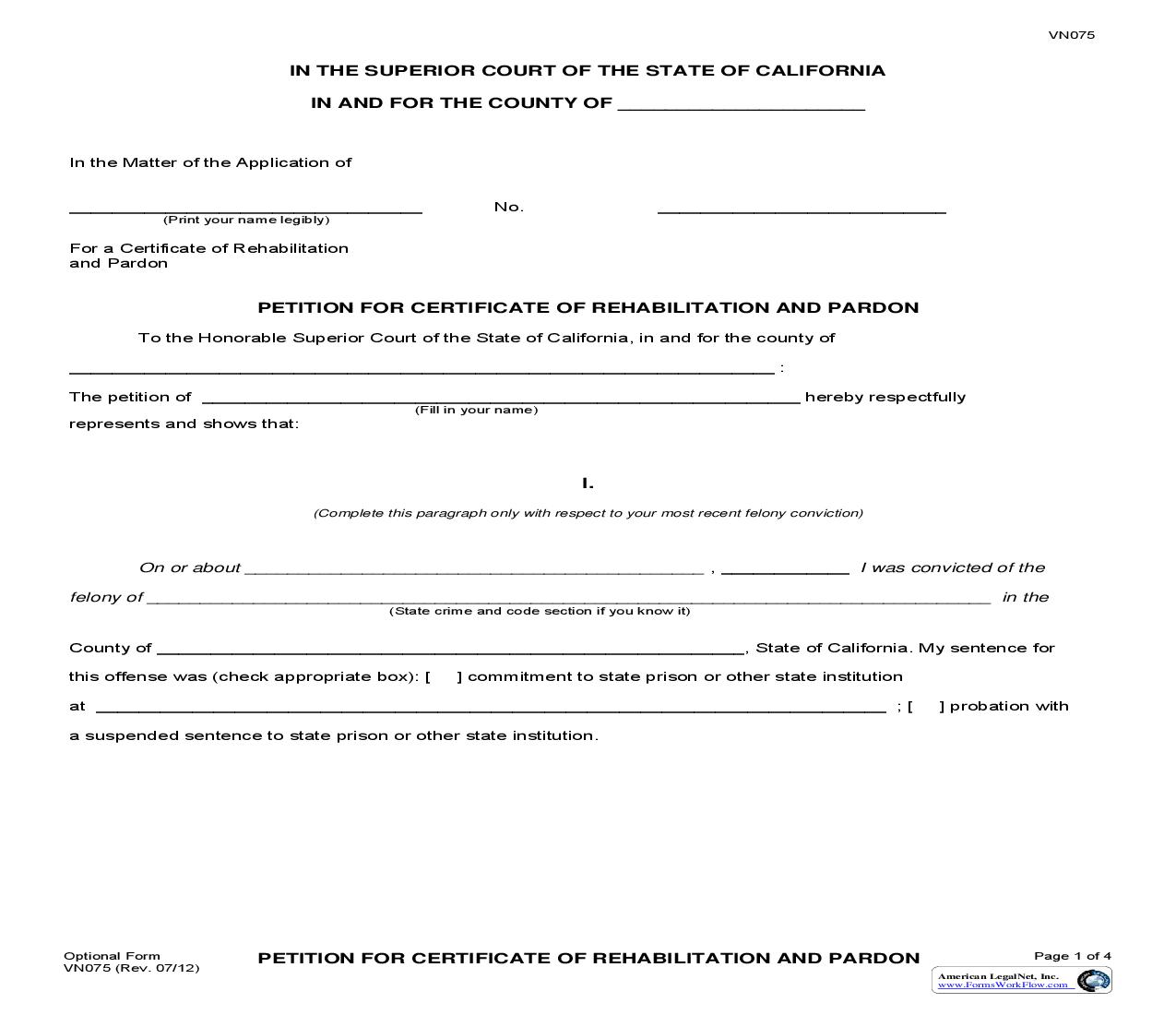 Petition For Certificate Of Rehabilitation And Pardon {VN075} | Pdf Fpdf Doc Docx | California