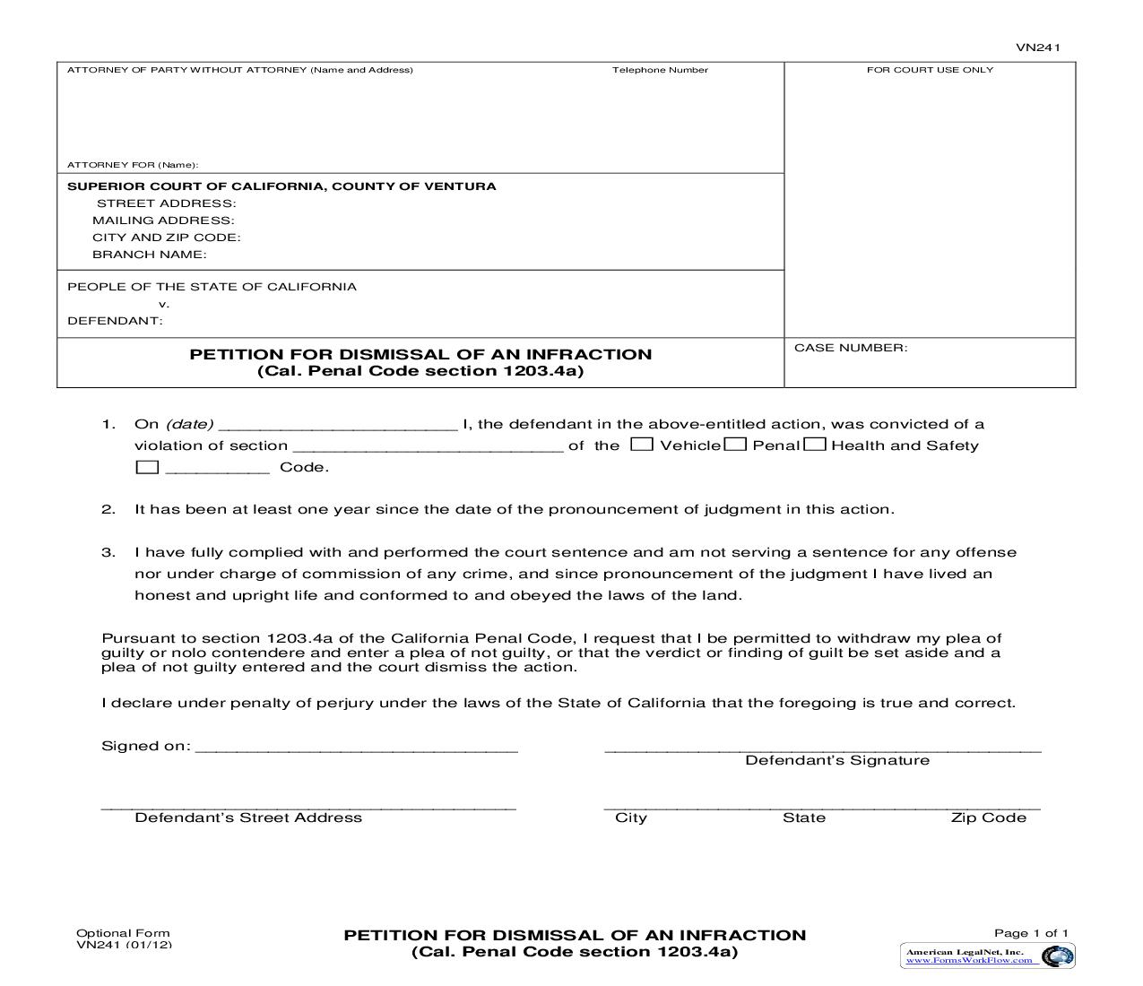 Petition For Dismissal Of An Infraction {VN241} | Pdf Fpdf Doc Docx | California