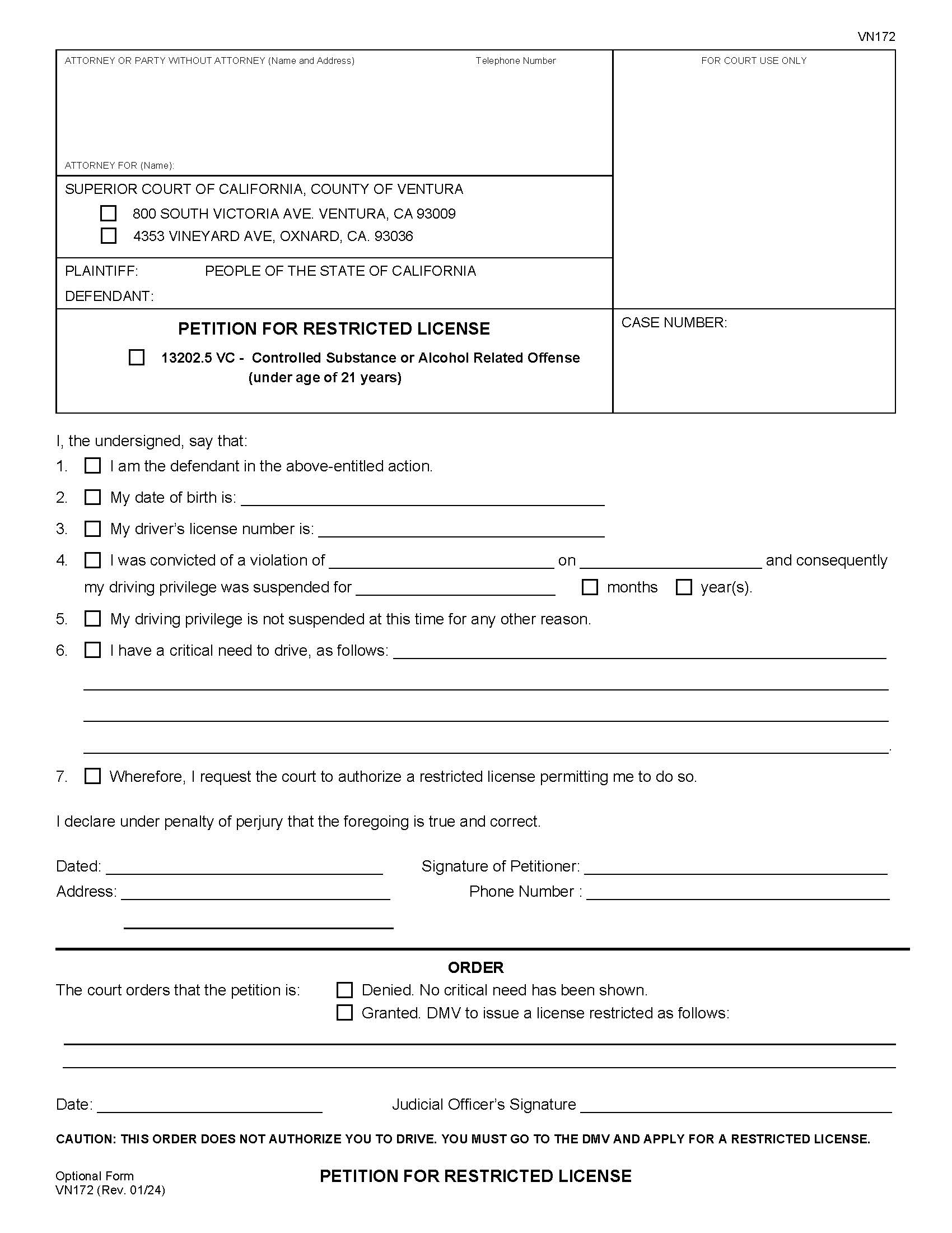 Petition For Restricted License Under Age Of 21 Years {VN172} | Pdf Fpdf Doc Docx | California