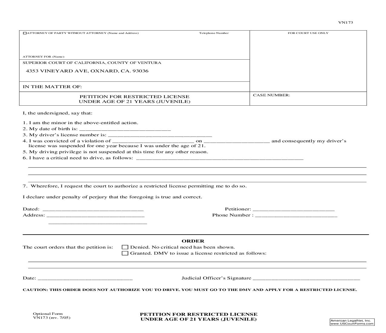 Petition For Restricted License Under Age Of 21 Years (Juvenile) {VN173} | Pdf Fpdf Doc Docx | California